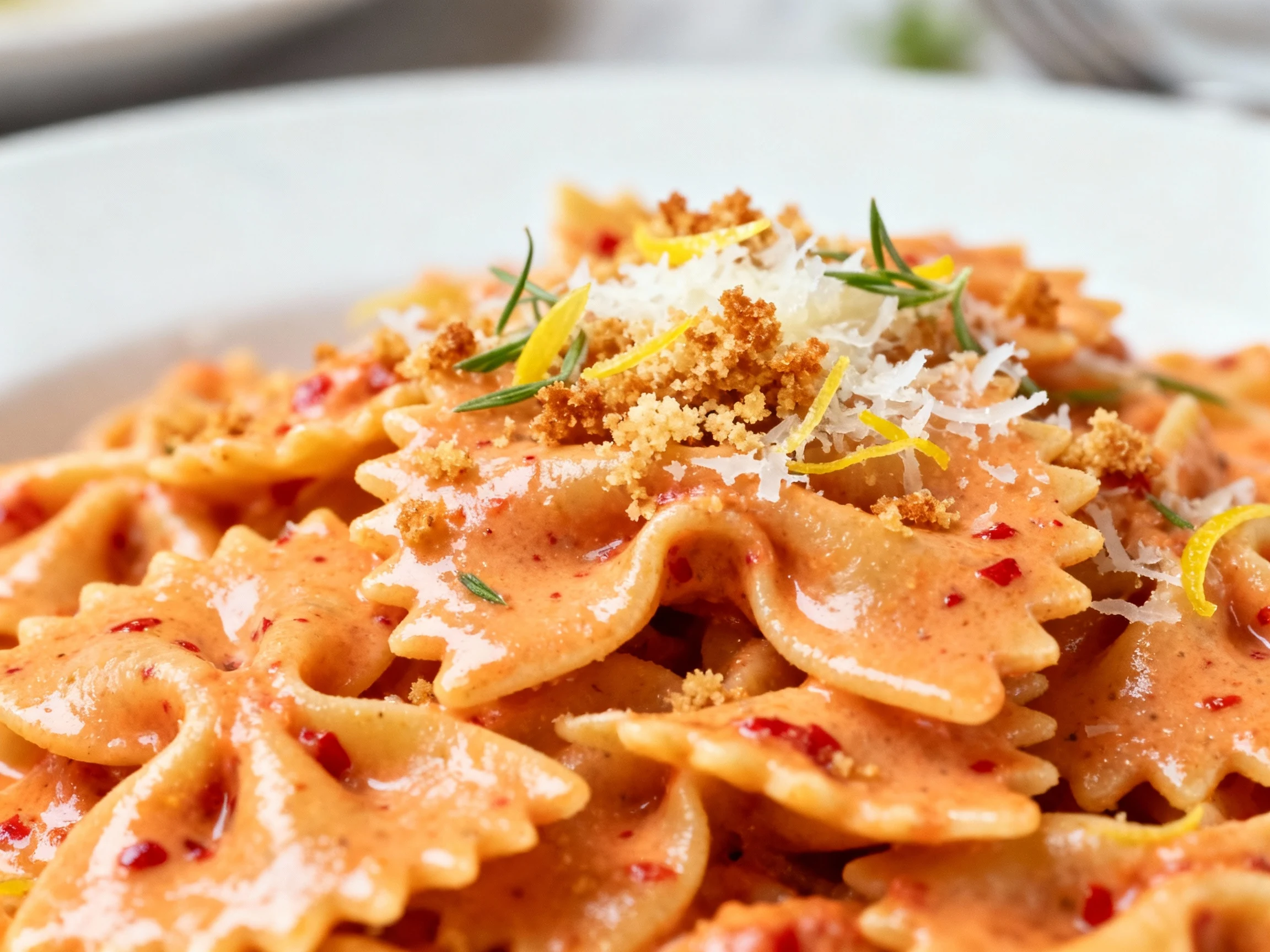 Food photography, Close-up detail: farfalle ridges coated in glossy creamy tomato sauce with flecks of crushed red peppe