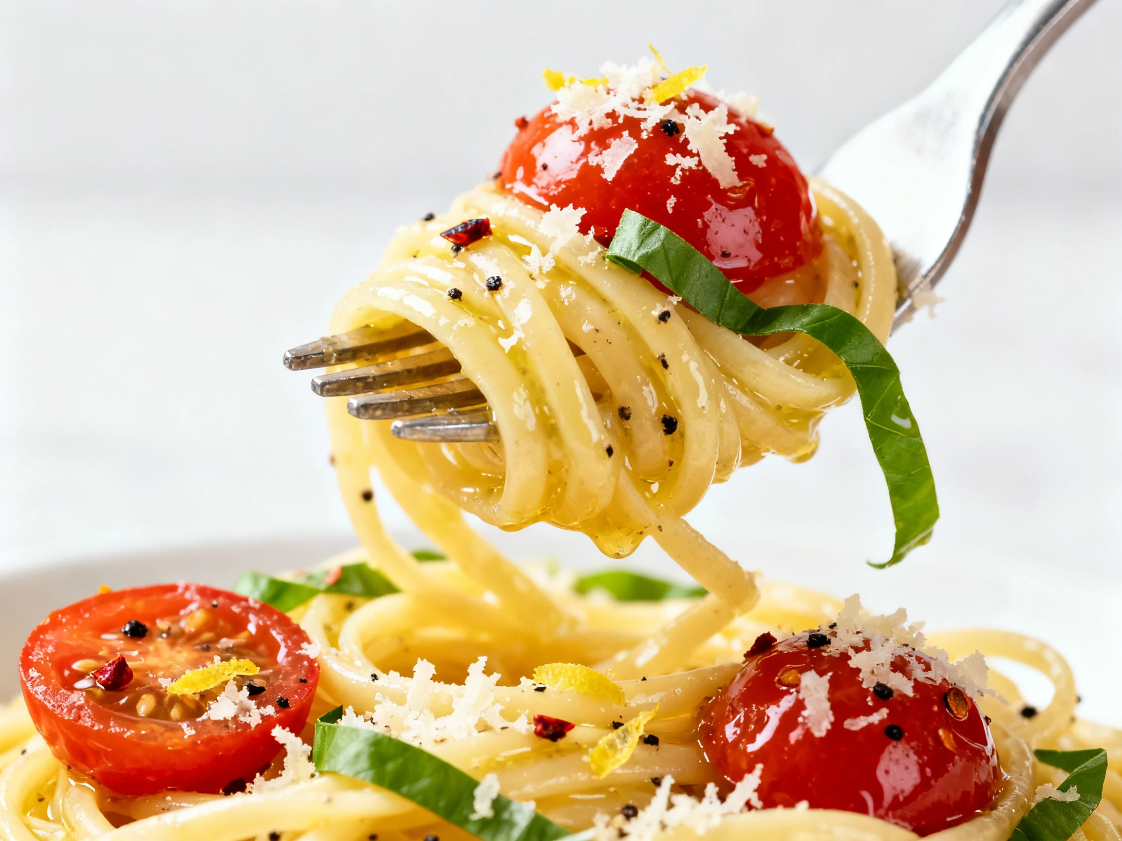 Food photography, Close-up fork twirl of angel hair coated in silky olive oil-butter sauce, burst cherry tomato, basil r