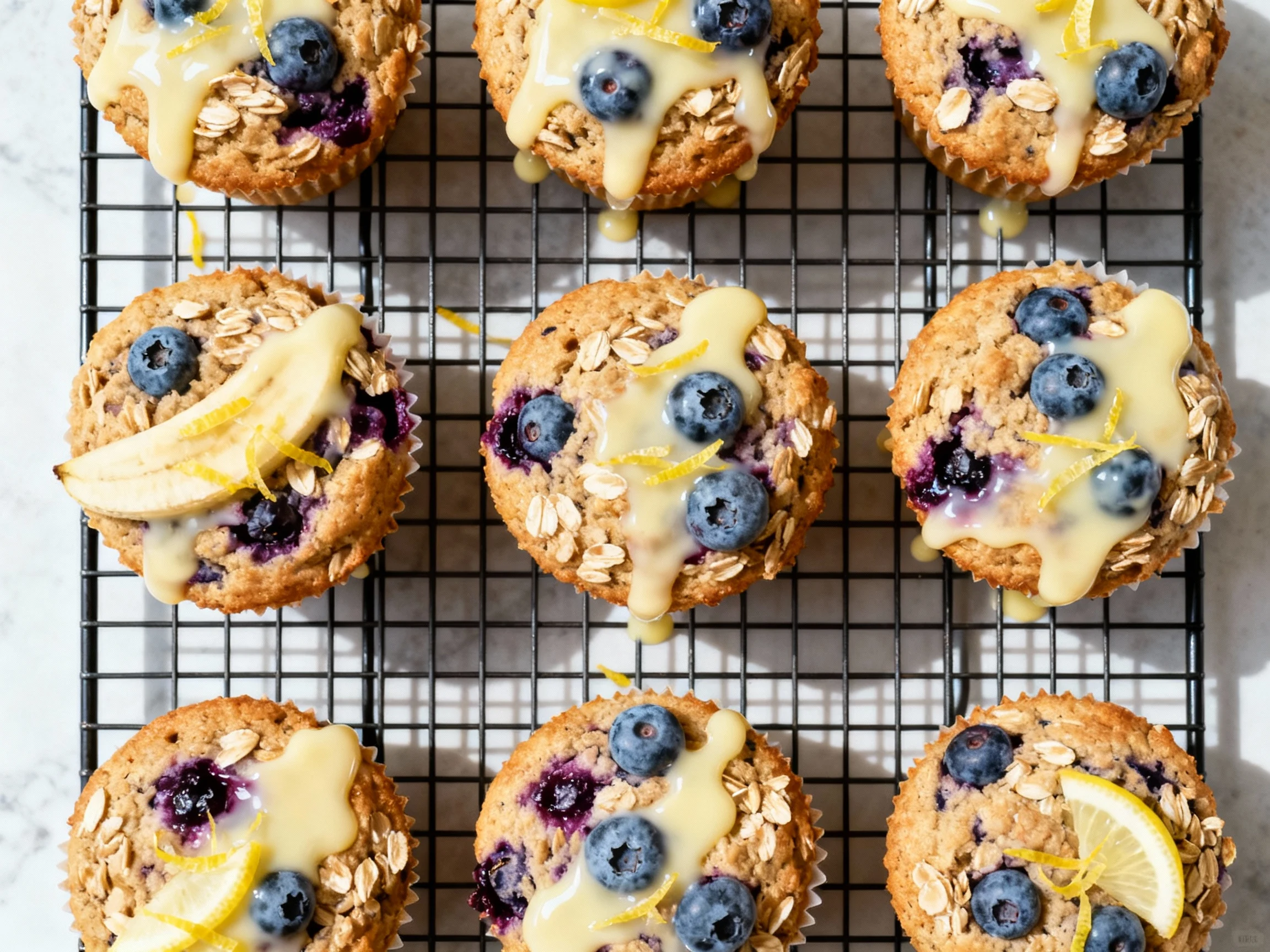 Food photography, Overhead shot of blueberry lemon banana–oat muffins on a cooling rack, glossy lemon–yogurt glaze drips