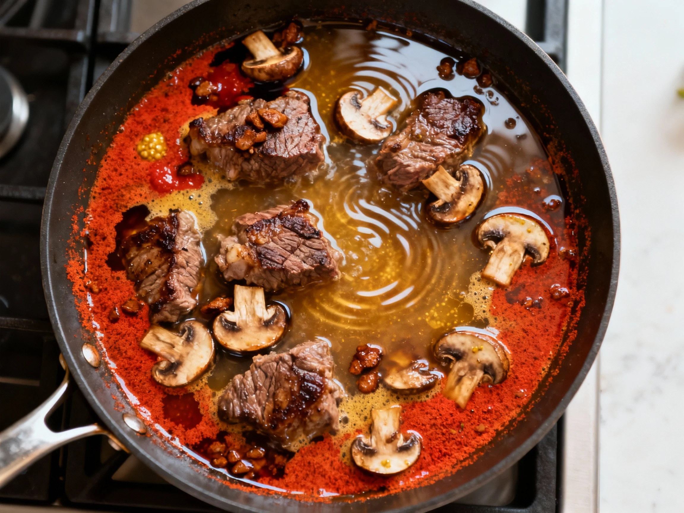 Food photography, Overhead cooking shot: tomato paste, Worcestershire, and Dijon stirred into stock, forming a paprika-r
