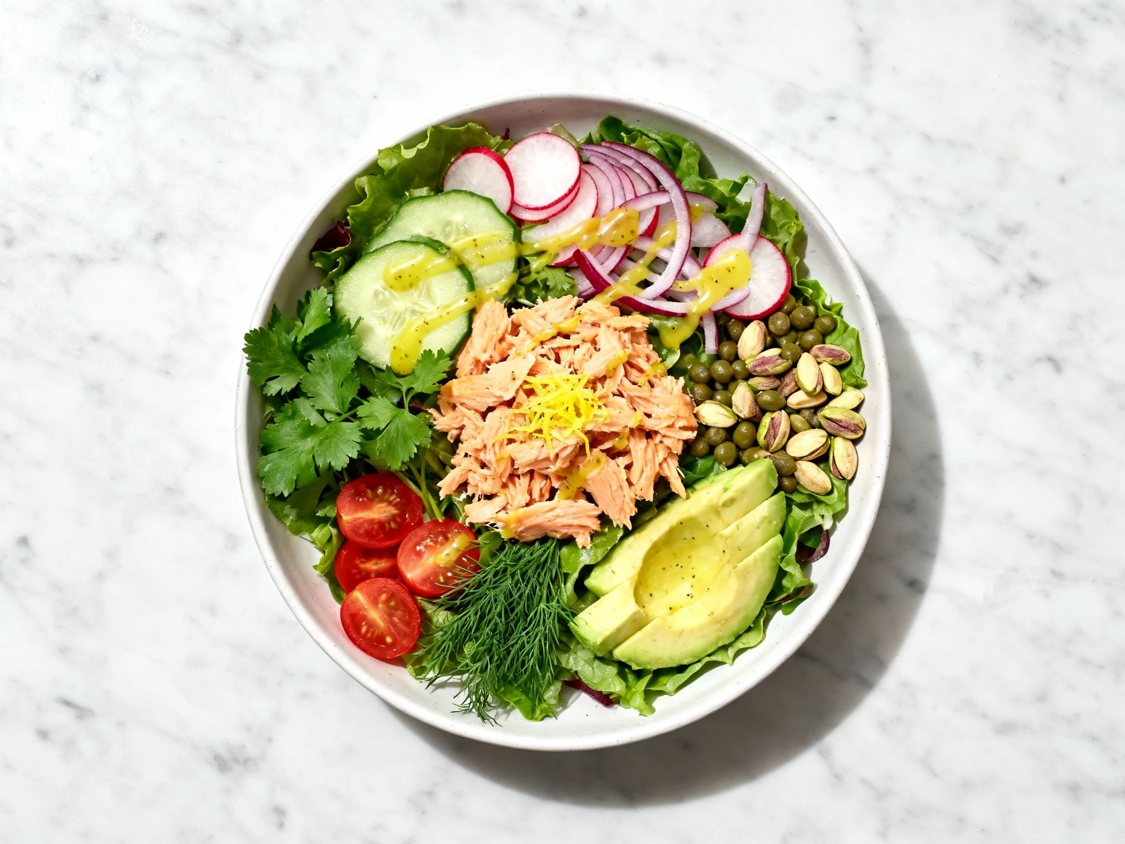 Food photography, 2. Overhead shot of vibrant salmon salad: flaked medium salmon over spring mix, cucumber, cherry tomat