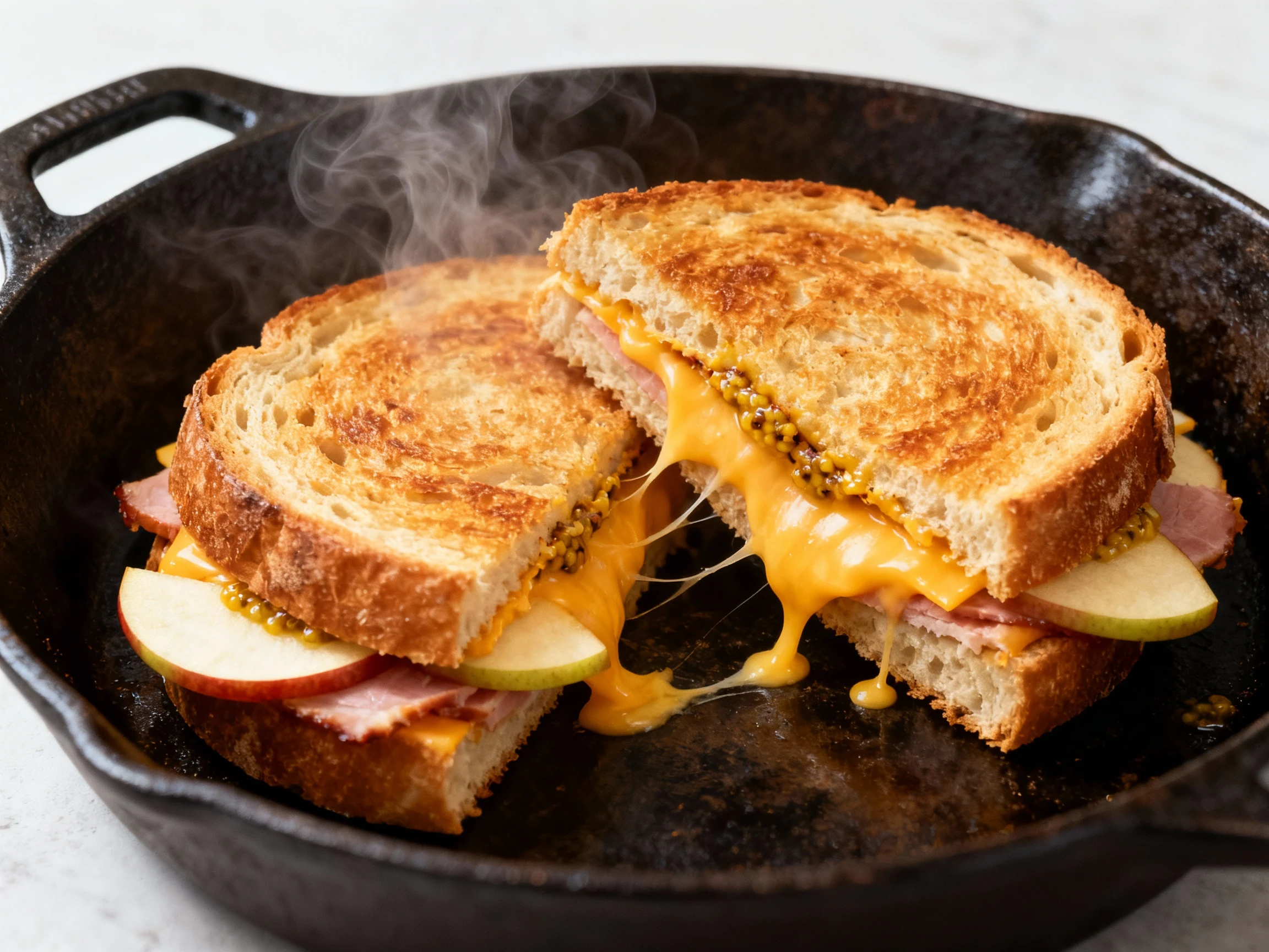 Food photography, Apple Cheddar Ham Press being pan-pressed in a cast-iron skillet: country bread deeply golden, sharp c