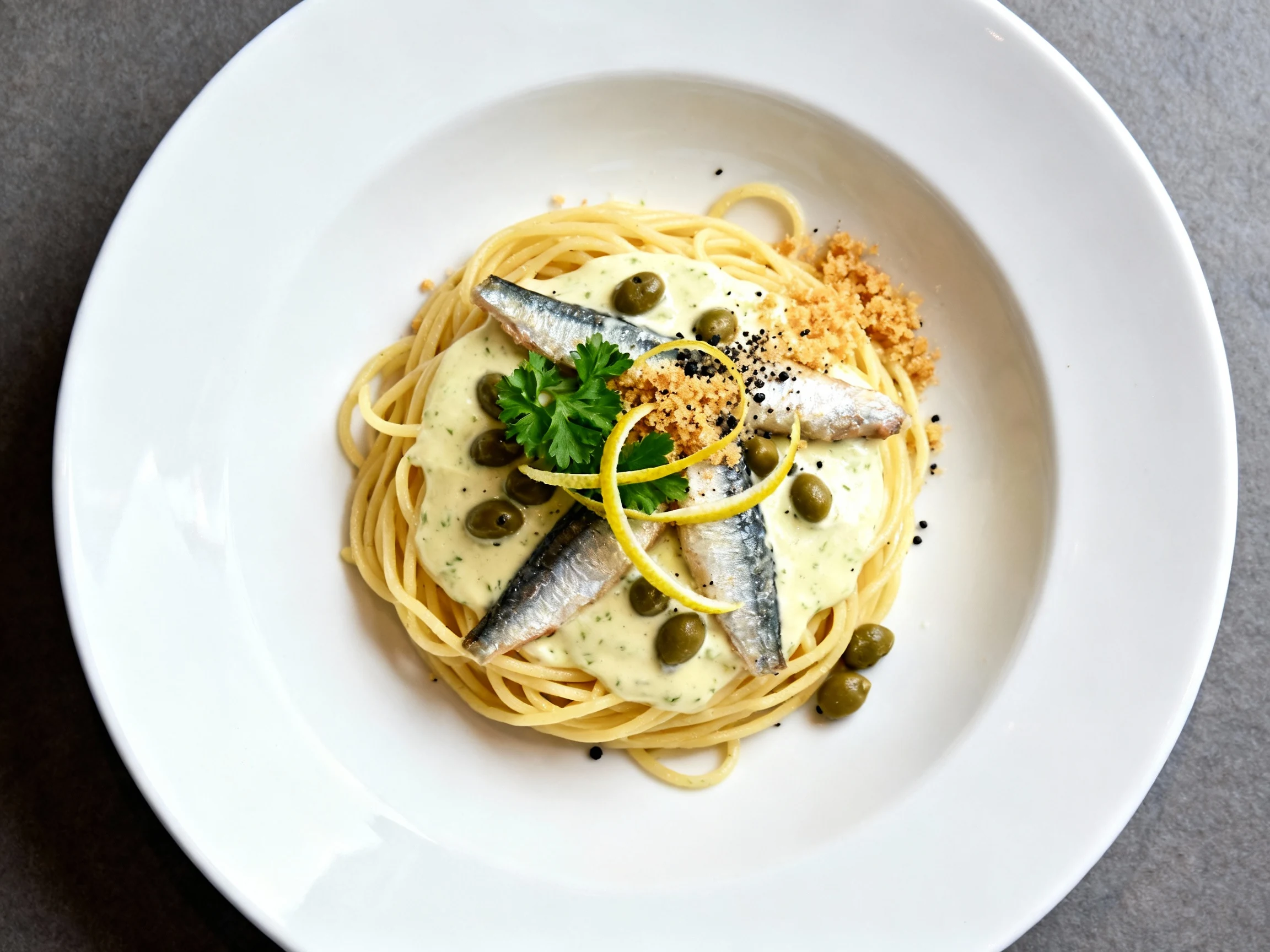 Food photography, 2. Overhead shot of Lemon-Garlic Sardine Pasta—twirled spaghetti nest on a white wide-rim plate, silky
