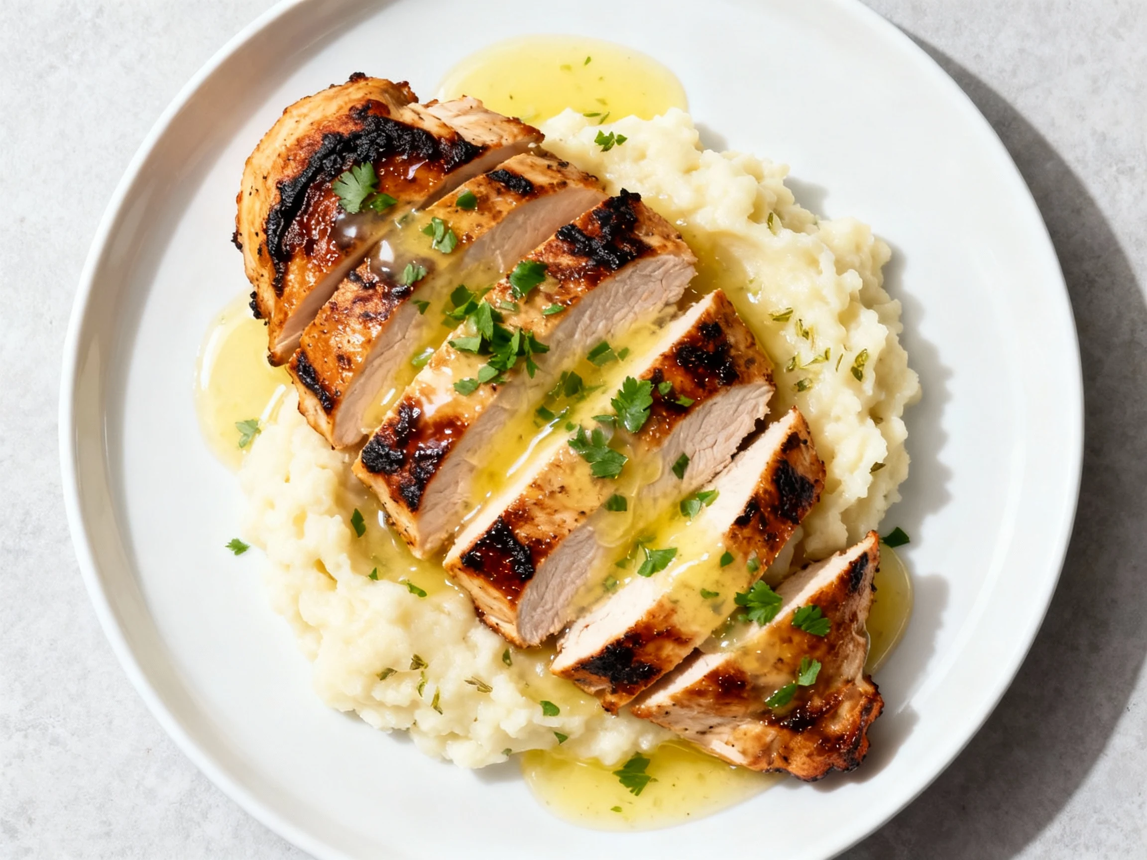 Food photography, Overhead shot of sliced seared chicken drizzled with buttery lemon pan sauce, sprinkled with chopped p