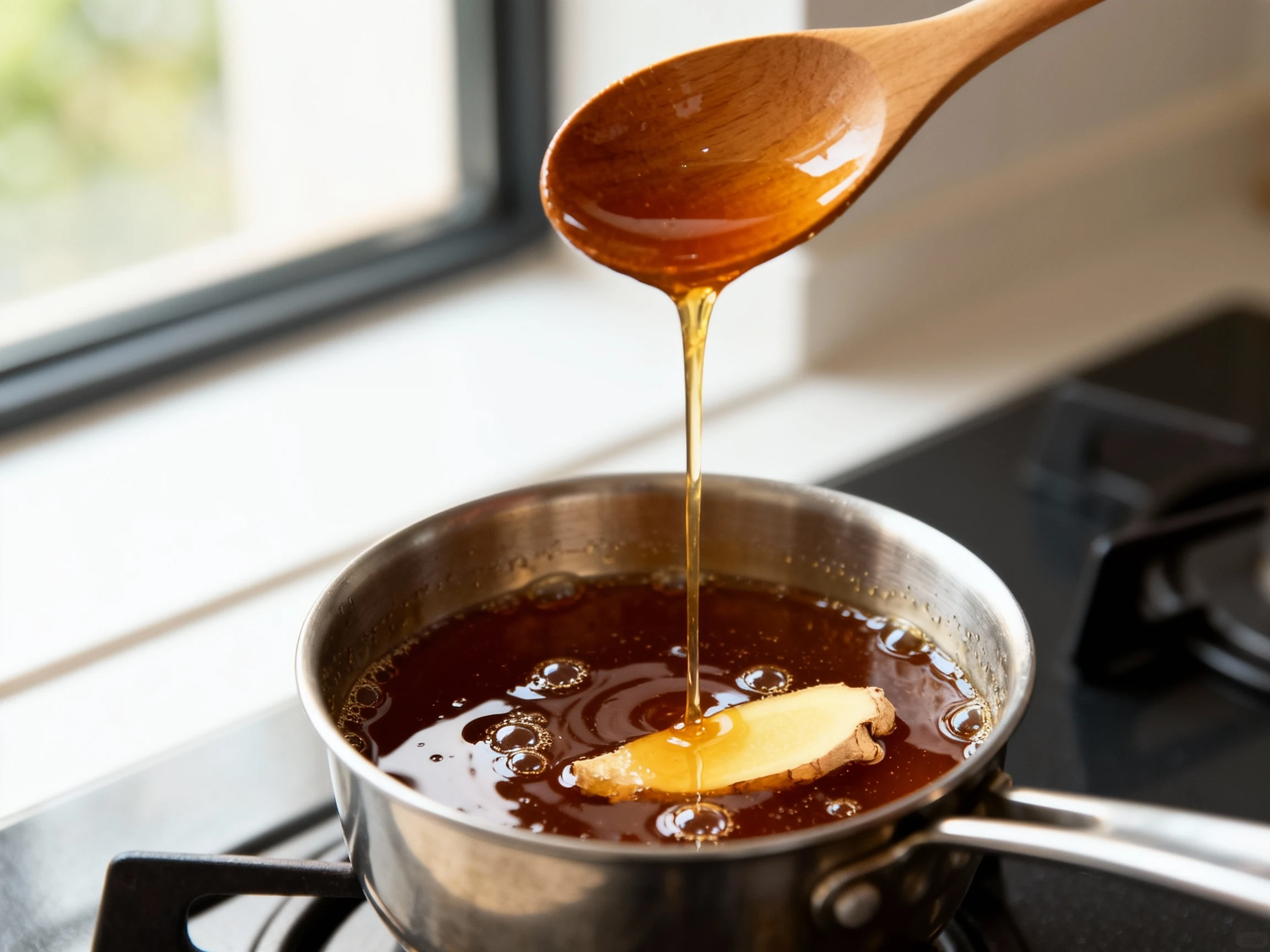 Food photography, Brown sugar syrup gently simmering in a small saucepan, thick and pourable with caramel bubbles and a 