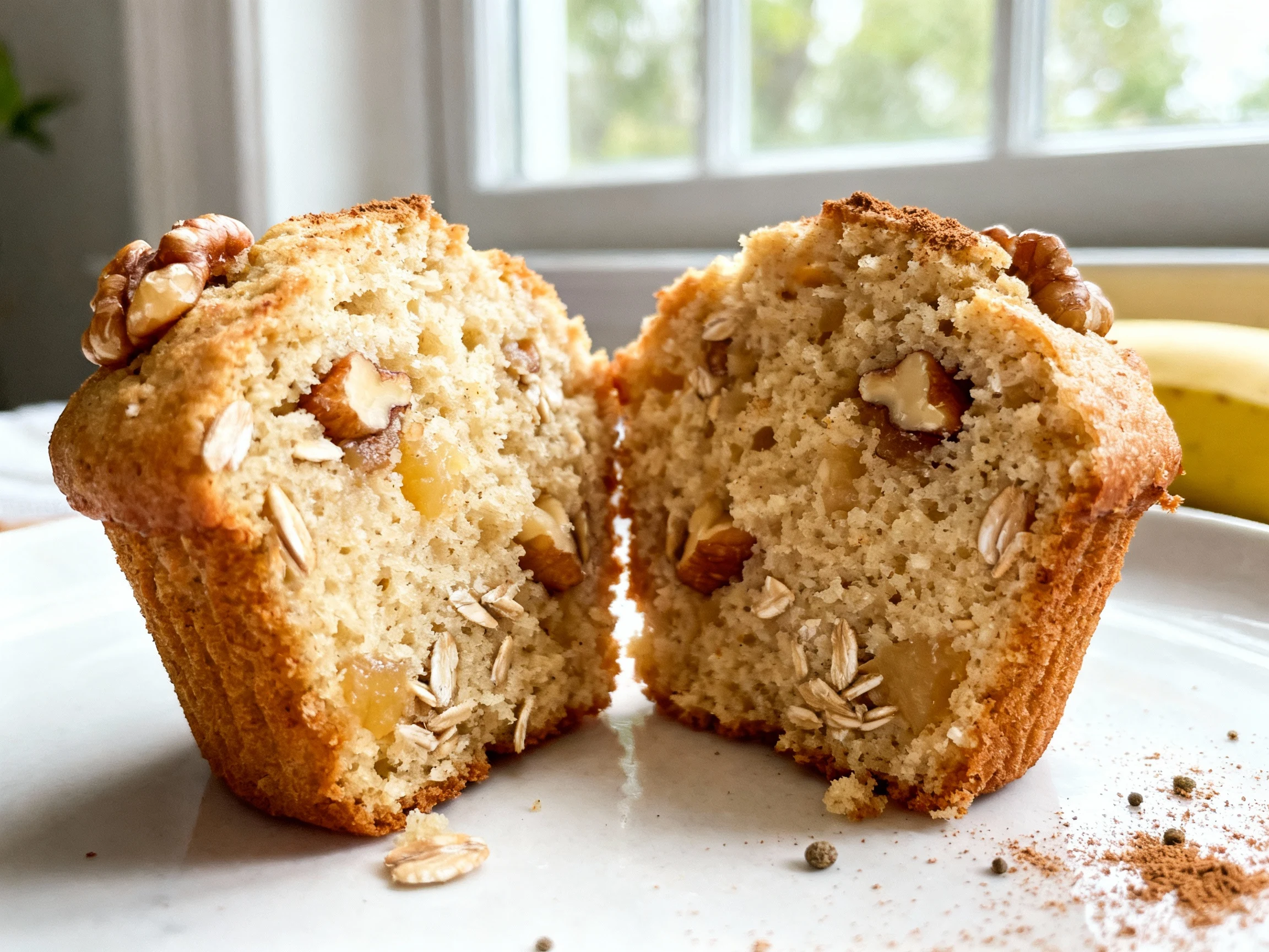 Food photography, 2. Close-up of a banana nut muffin split open, showcasing a tender, moist crumb (Greek yogurt + apples