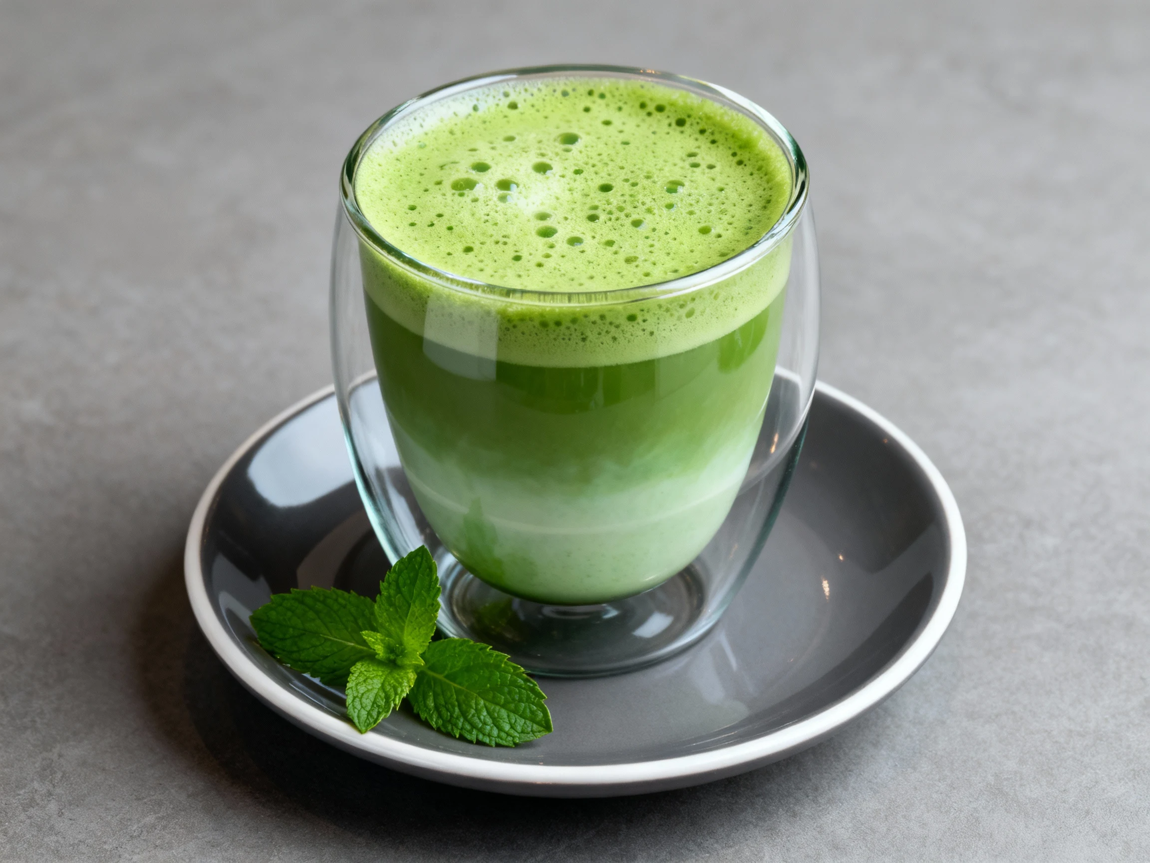 Food photography, Final presentation of Focus Mode Matcha Mint Latte: vibrant emerald froth with fine microbubbles, subt