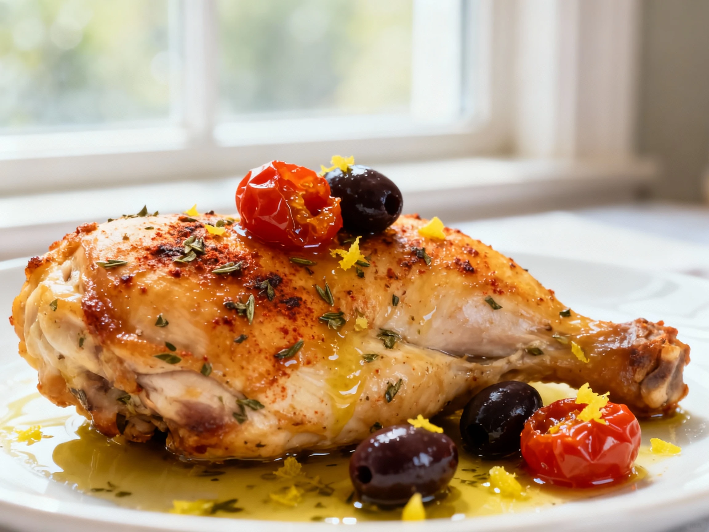 Food photography, Close-up of juicy, golden-brown chicken thigh with oregano flecks and smoked paprika hue, glistening o