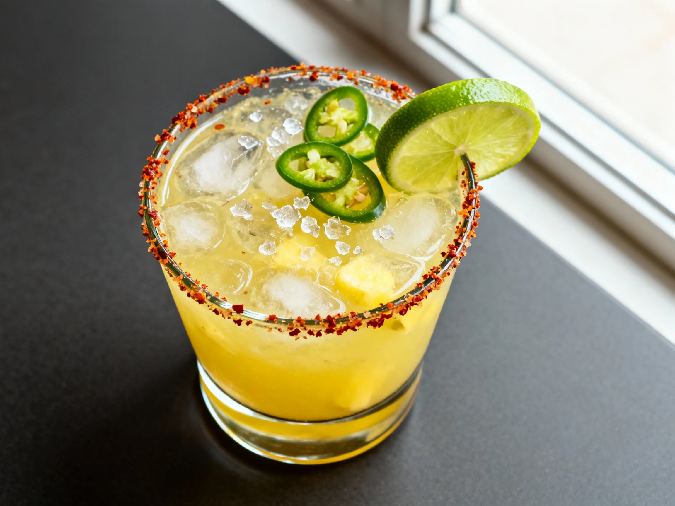 Food photography, Tasty top view: Overhead Spicy Pineapple Margarita in a double old-fashioned glass—vibrant yellow-gree