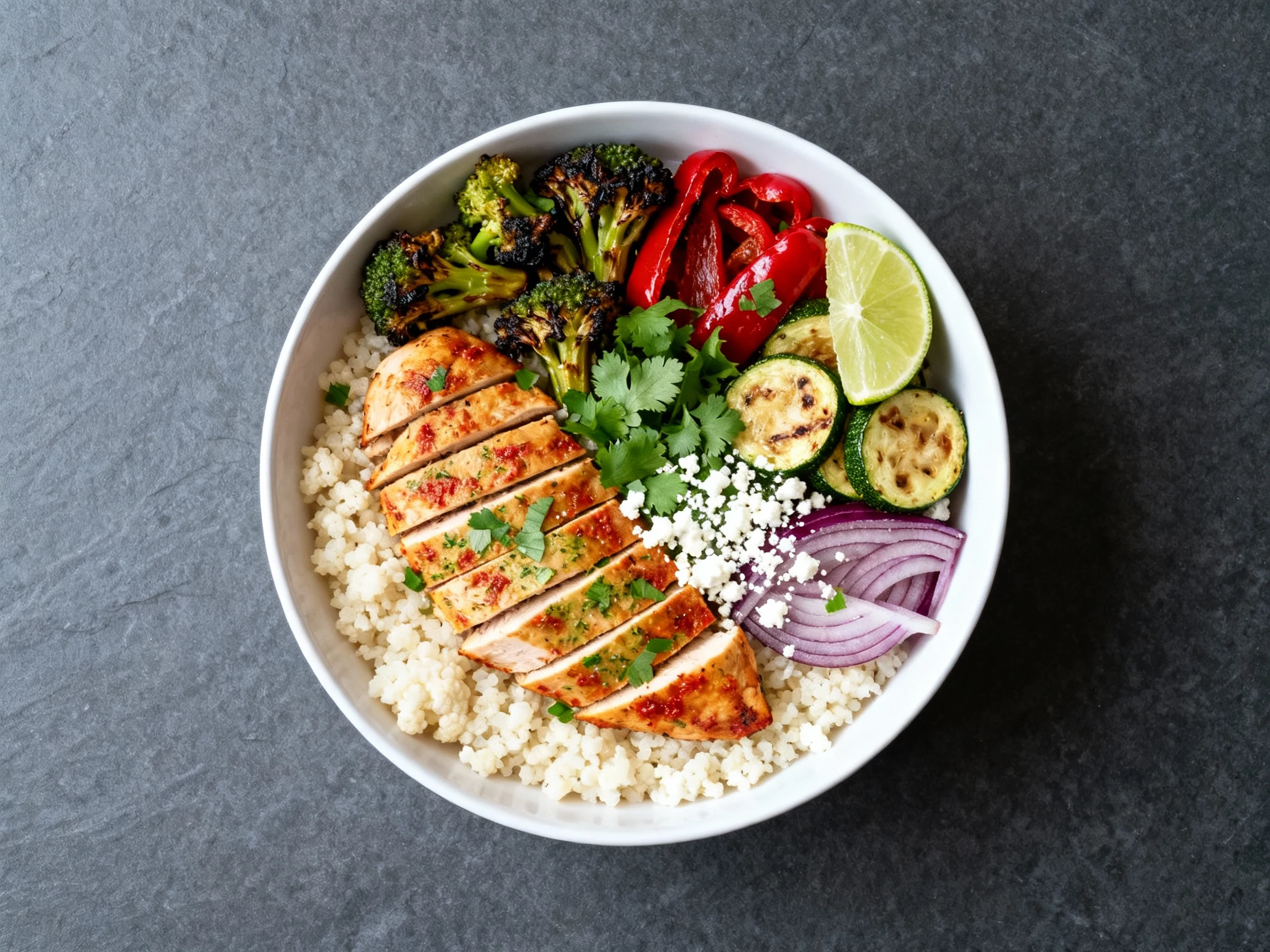 Food photography, 2. Tasty top view: Overhead power bowl—fluffy cauliflower rice base with neatly arranged chili-lime ch