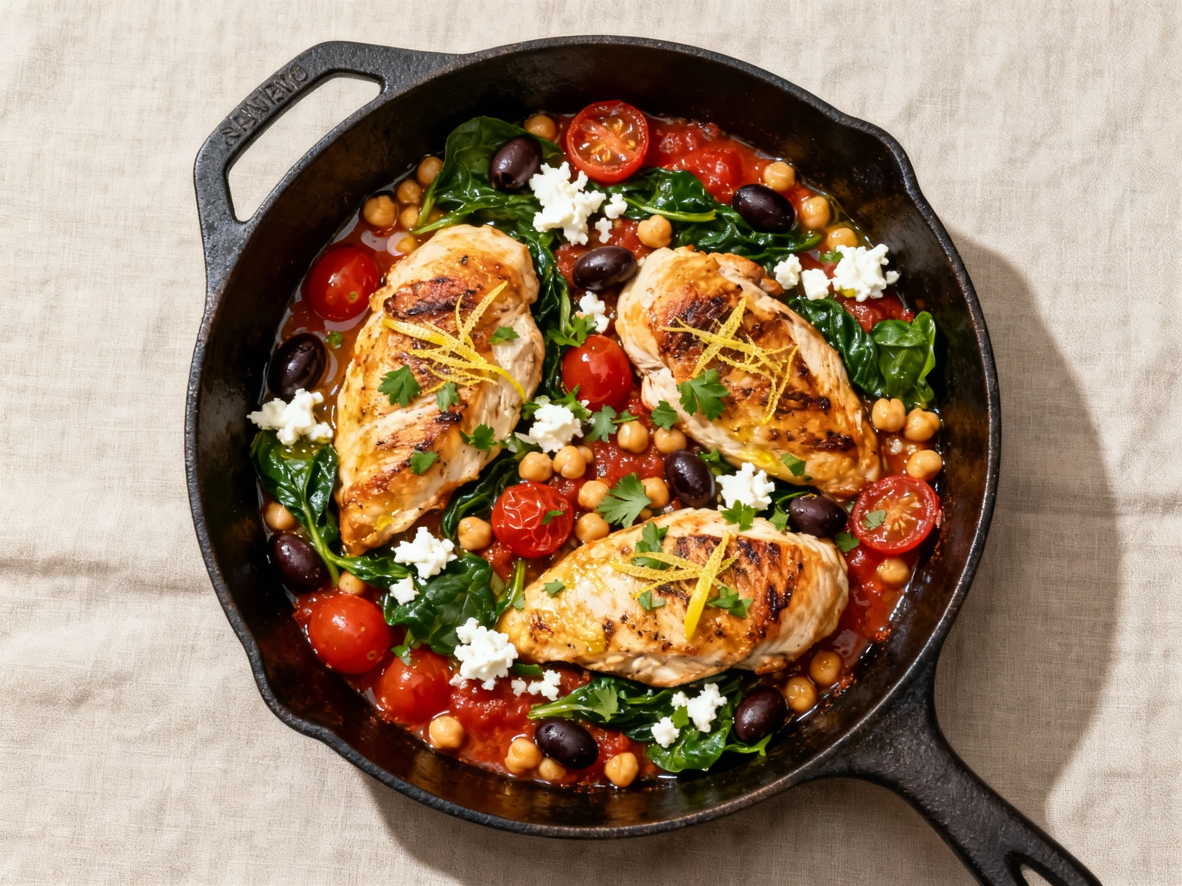 Food photography, Overhead shot of the finished Mediterranean chicken skillet: juicy seared chicken, saucy cherry tomato