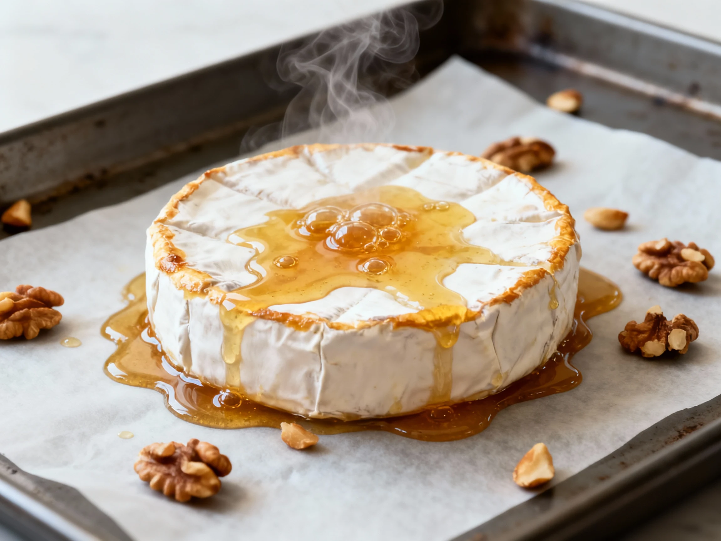 Food photography, Cooking process: brie on parchment-lined sheet pan just out of a 375°F oven, hot honey bubbling and nu