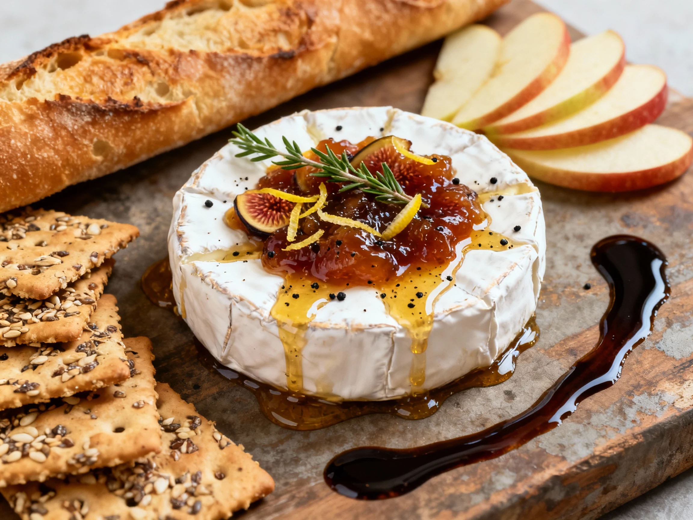 Food photography, Final presentation: baked brie crowned with warm fig jam mixed with lemon zest and juice, finished wit