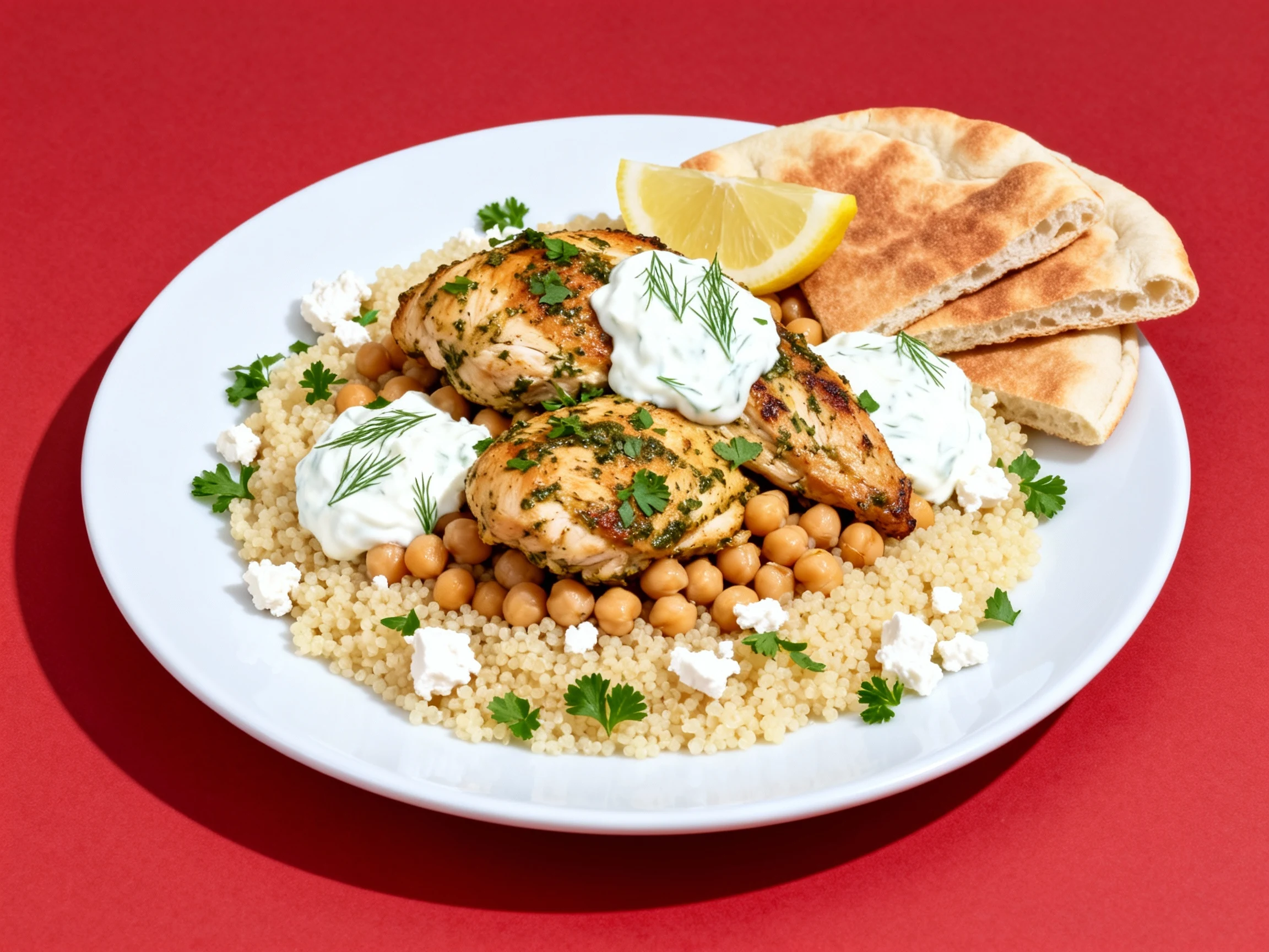 Food photography, Beautifully plated lemon-herb chicken with chickpeas over fluffy couscous, dollops of lemon-dill yogur