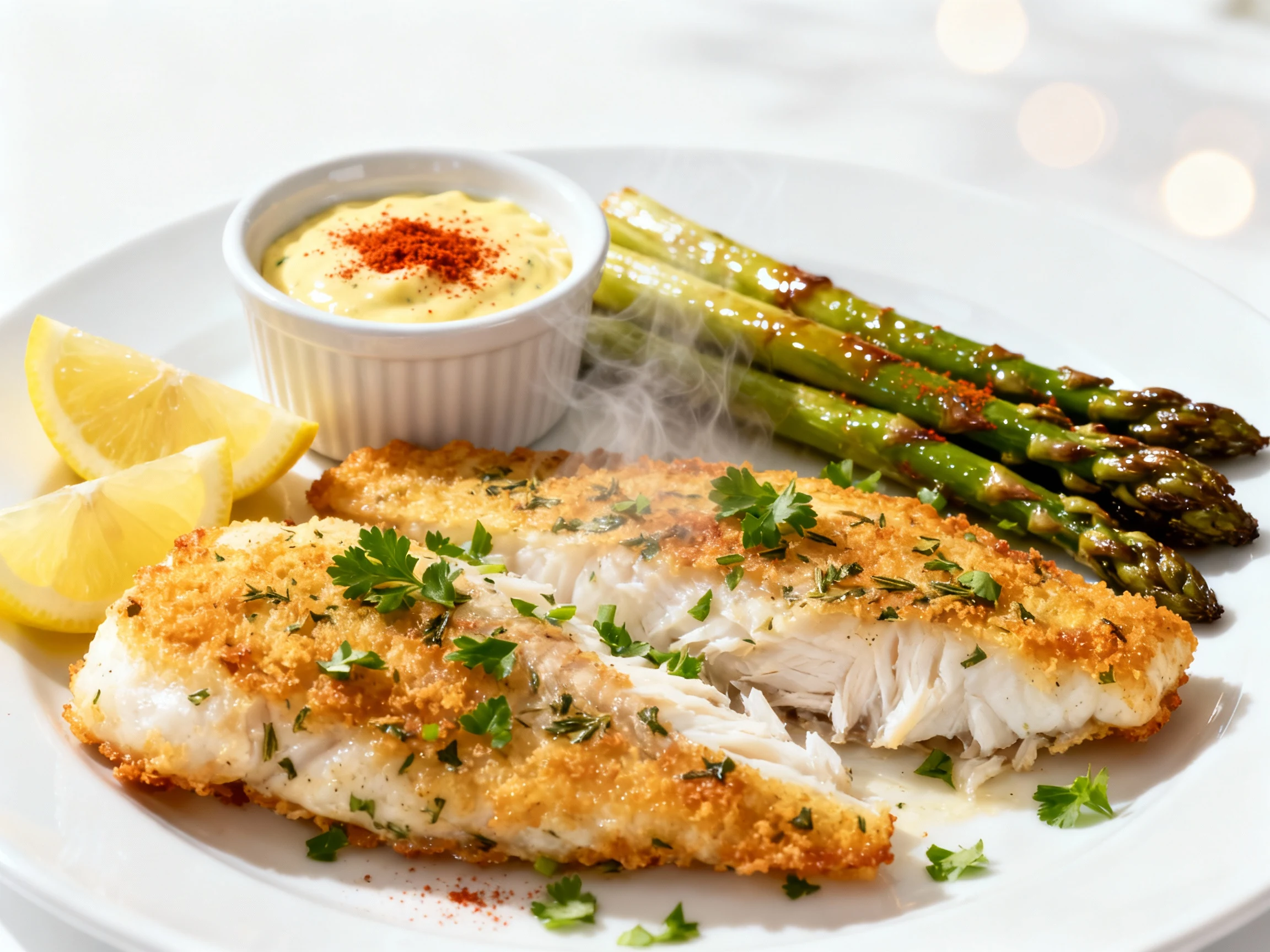 Food photography, Tasty top view of the final plated Crispy Lemon-Herb Baked Haddock on a white plate with chopped parsl