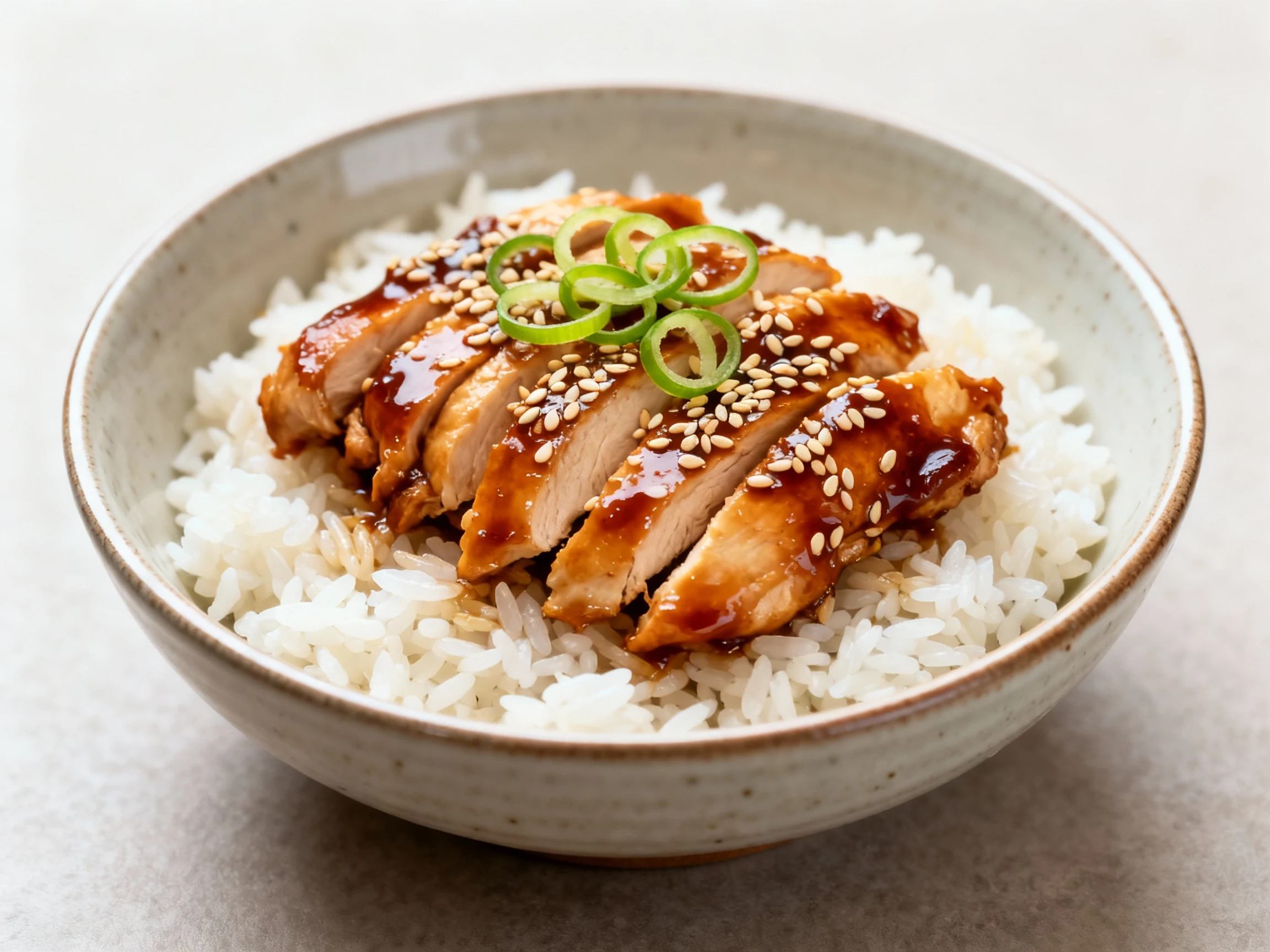 Food photography, Close-up of Honey Garlic Chicken over jasmine rice — sticky lacquered glaze clinging to tender sliced 