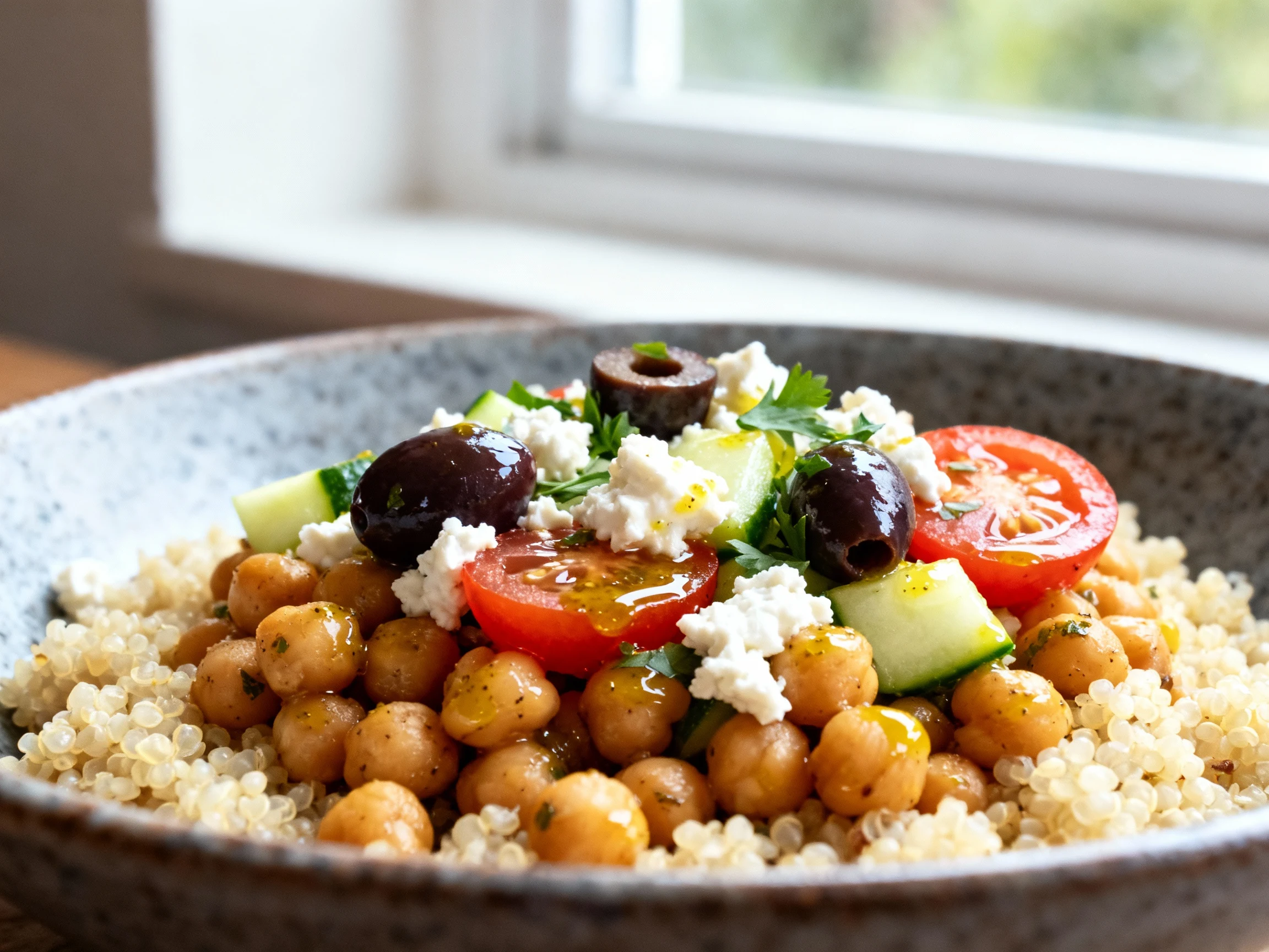 Food photography, Macro close-up of the final bowl showing dressed chickpeas nestled in fluffy quinoa with creamy feta c