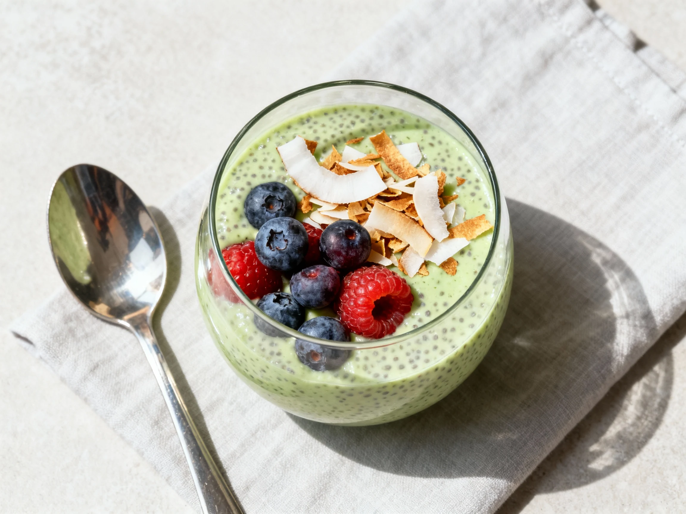 Food photography, 3. Overhead shot of Coconut Matcha Chia Pudding in a clear glass—pale green pudding topped with toaste