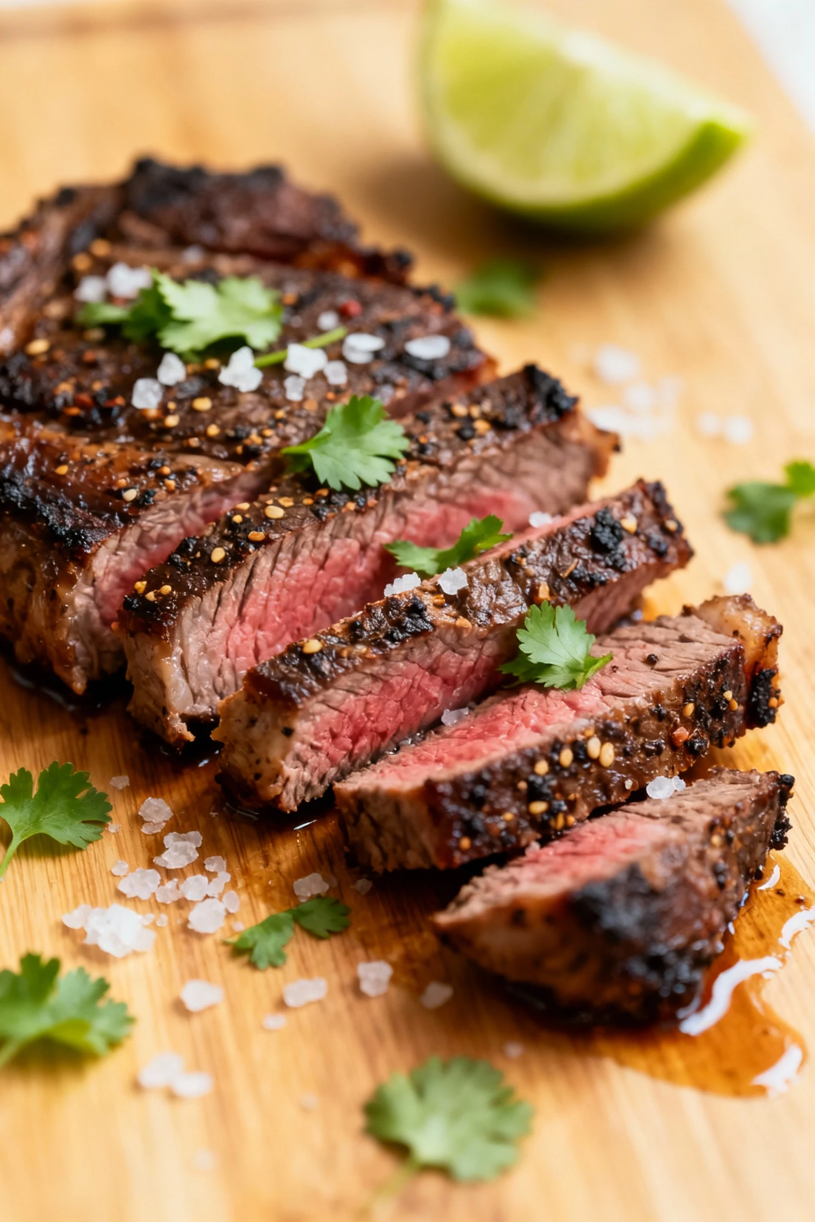 Food photography, Close-up of rested steak sliced against the grain into short bite-size strips, juicy medium-rare cente