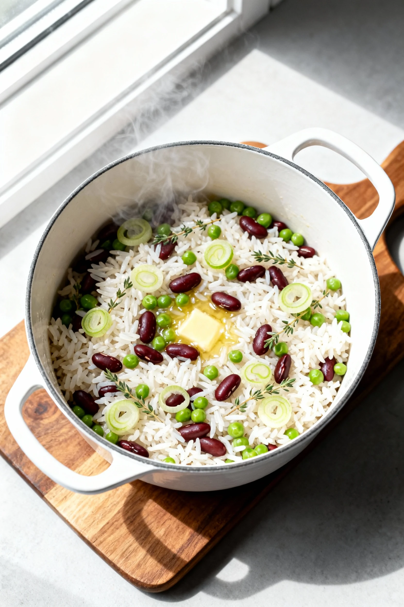 Food photography, Overhead shot of coconut rice and peas just fluffed: long-grain jasmine, kidney beans, scallion rings,
