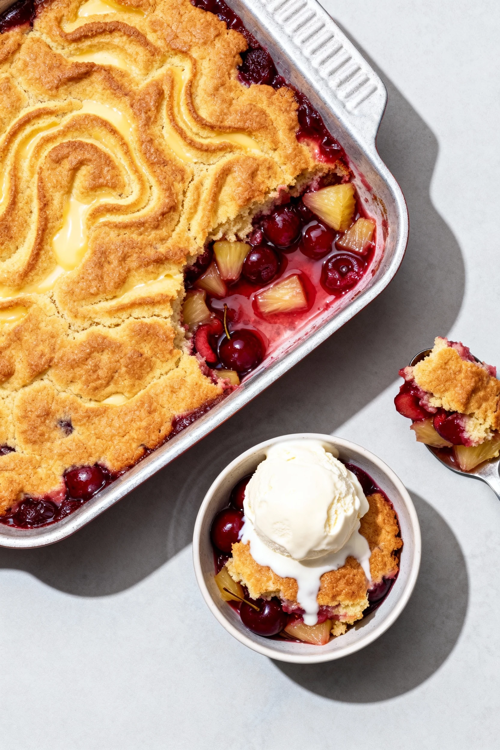 Food photography, Overhead shot of fruit “dump cake” cobbler in a 9x13 pan, deeply golden top with buttery ripples and b