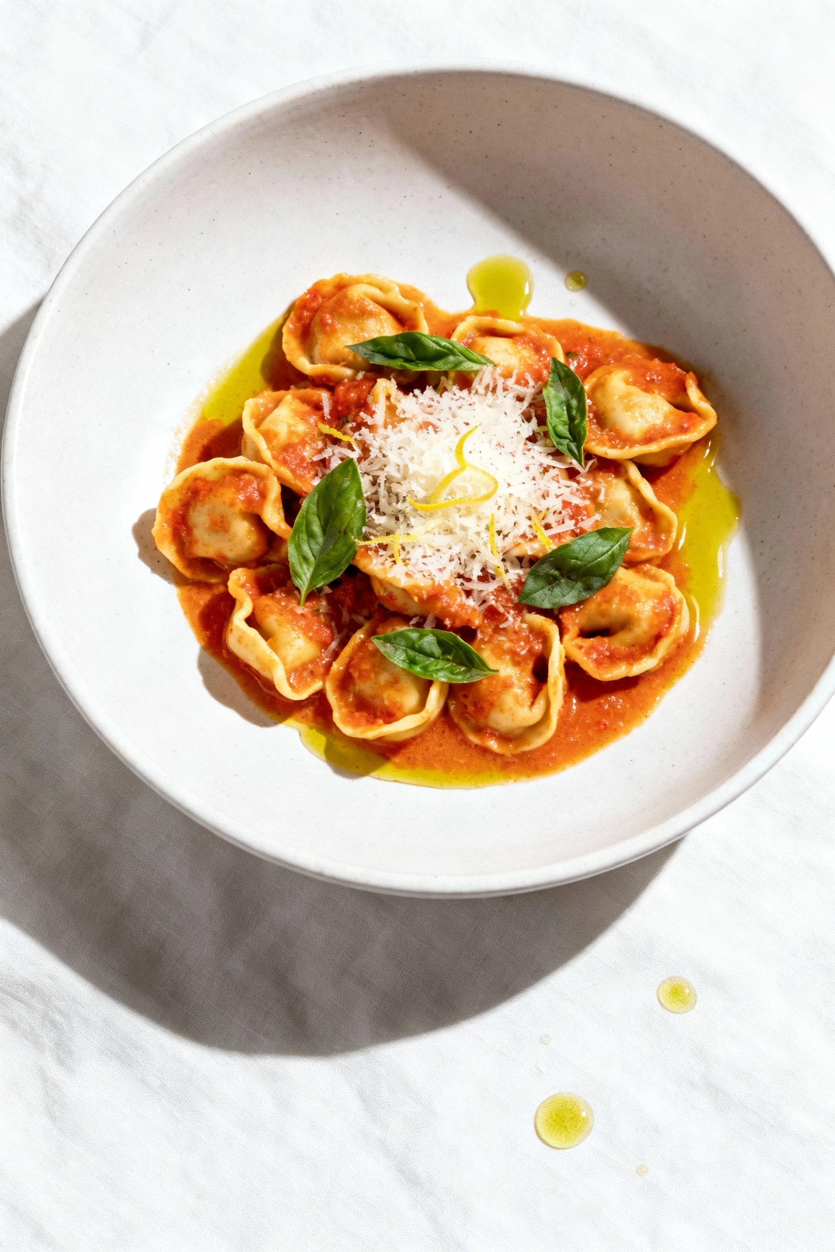 Food photography, Top-down plated final dish: creamy tomato tortellini in a matte white bowl, sauce pooling and clinging