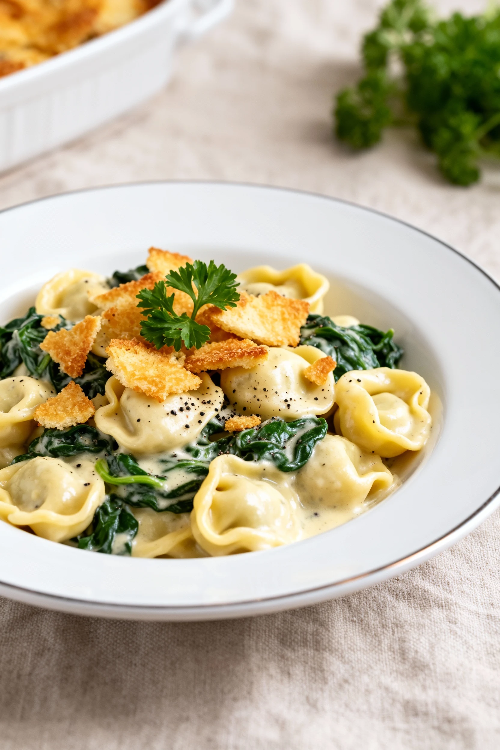 Food photography, Beautifully plated baked tortellini Alfredo: plush pasta coated in silky sauce, wilted spinach, golden