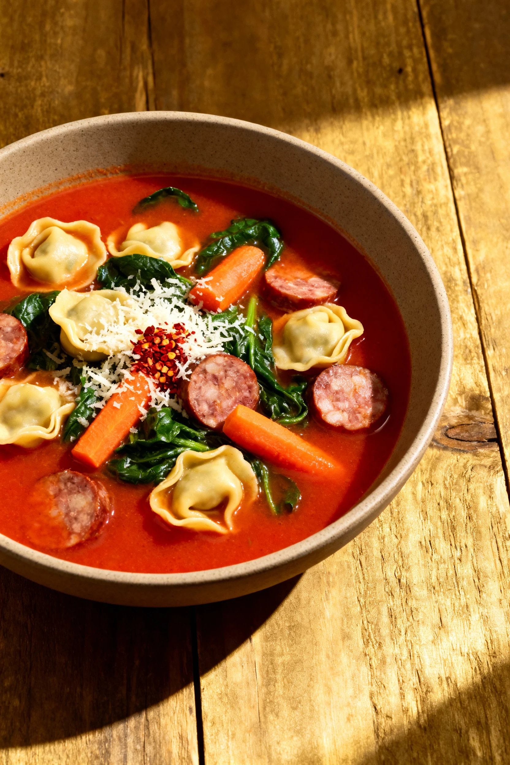 Food photography, Top-down bowl shot: vibrant tomato broth dotted with tortellini, spinach, carrot, and sausage; finishe