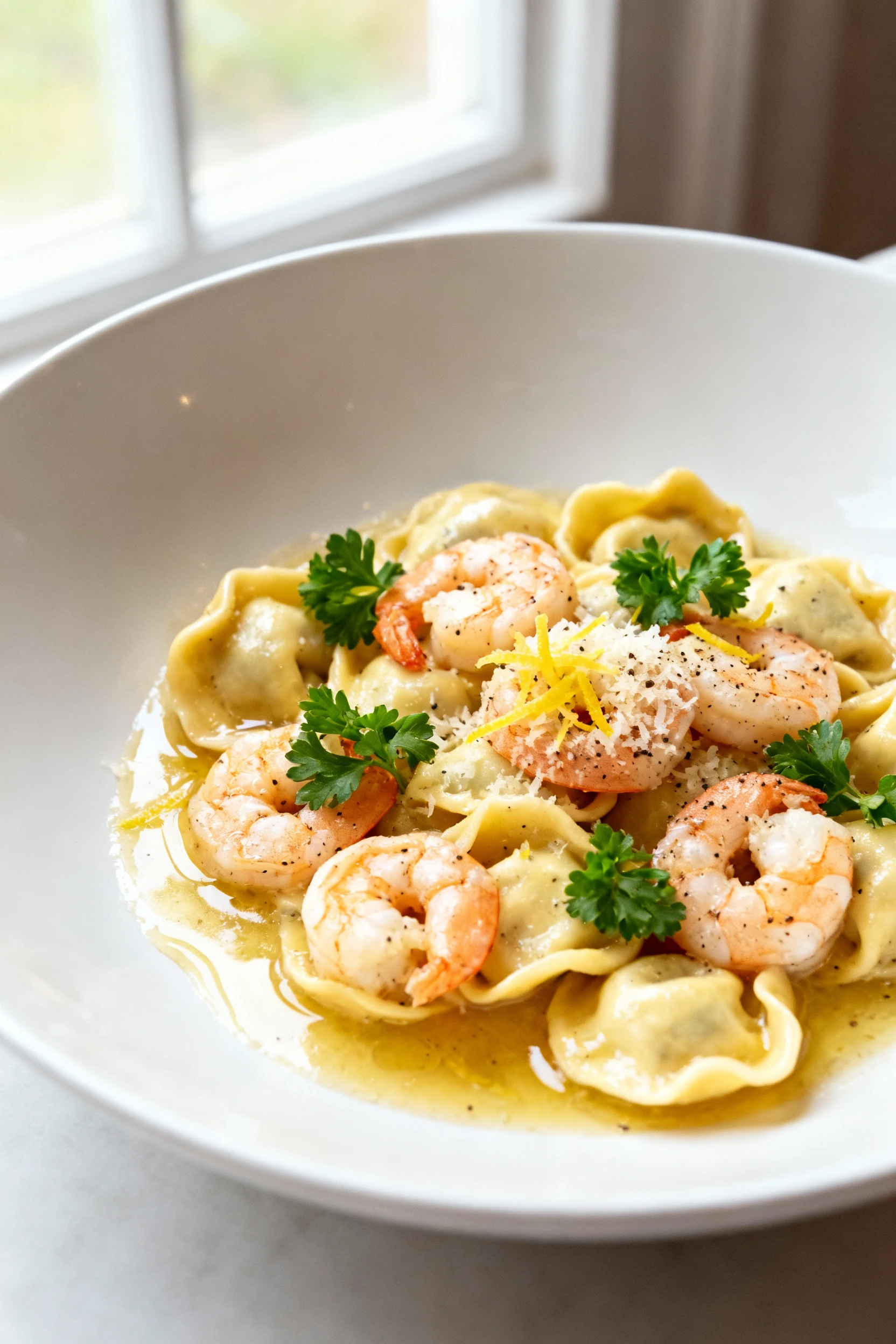 Food photography, Beautifully plated Garlic Butter Shrimp Tortellini in a wide white bowl, shrimp nestled among cheese-f