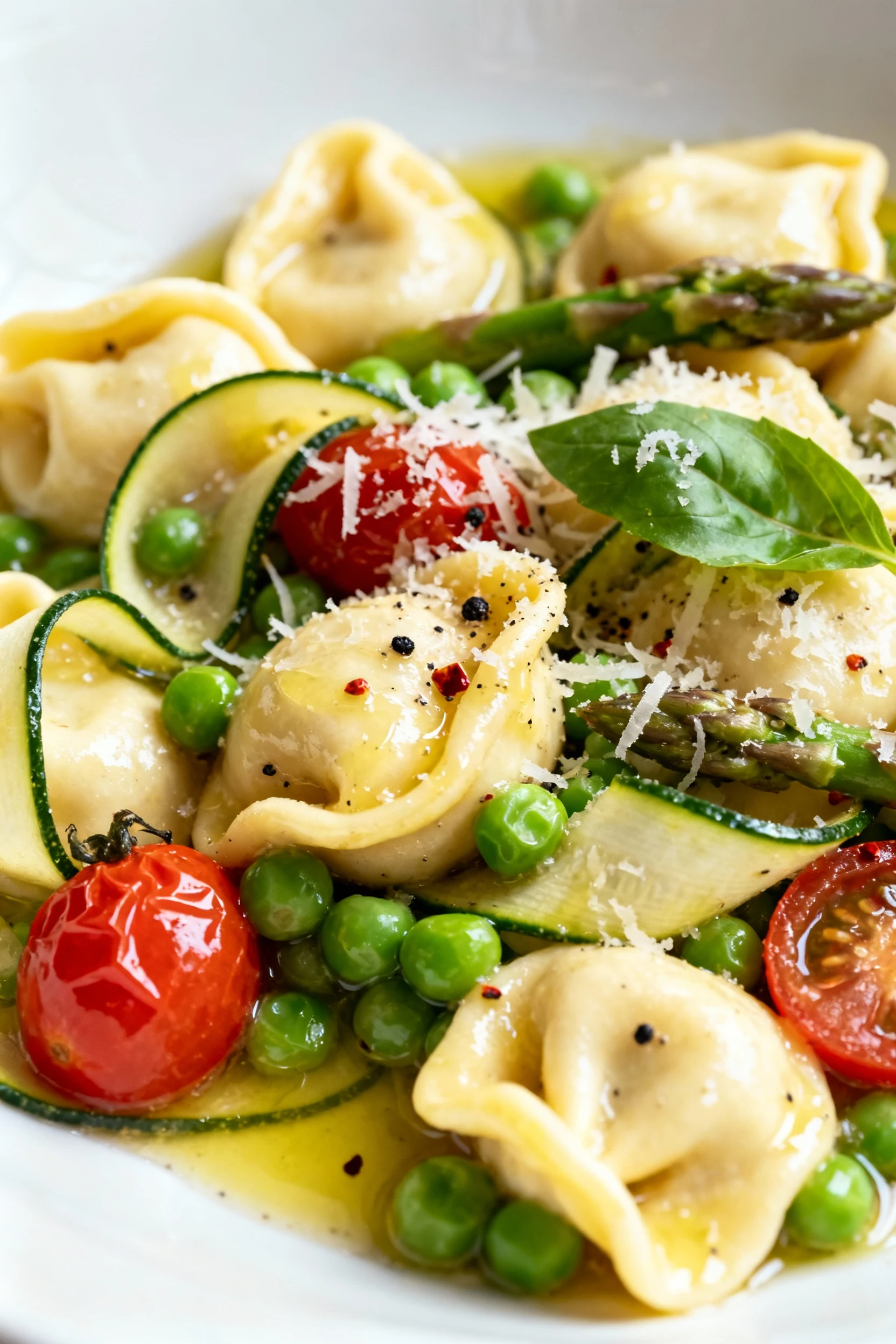 Food photography, Close-up detail — pillowy cheese tortellini lacquered in lemon–parm sauce with peas popping, slumped c