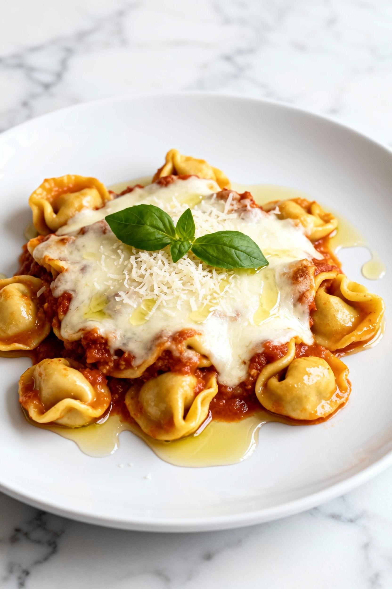 Food photography, Beautifully plated cheesy tortellini bake on a matte white plate, glossy sauce pooling slightly, melte