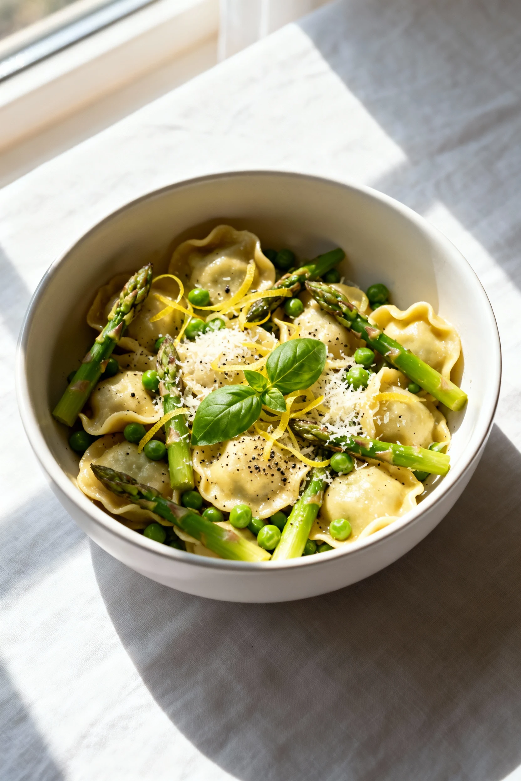 Food photography, Tasty top view: overhead shot of Healthy Lemon Asparagus Tortellini in a matte white bowl—evenly scatt