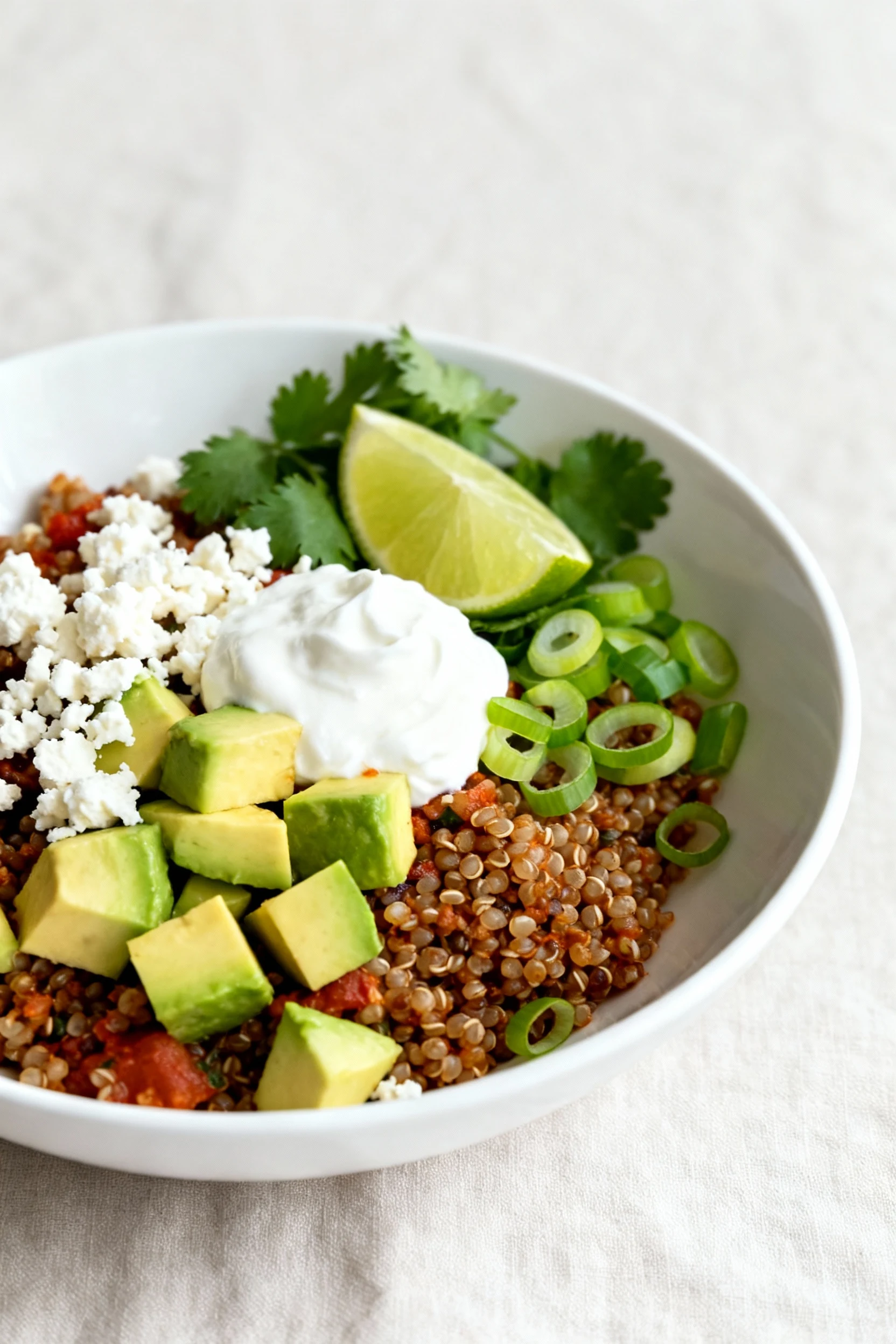 Food photography, Beautifully plated Mexican quinoa bowl topped with diced avocado, crumbled queso fresco, a cool dollop