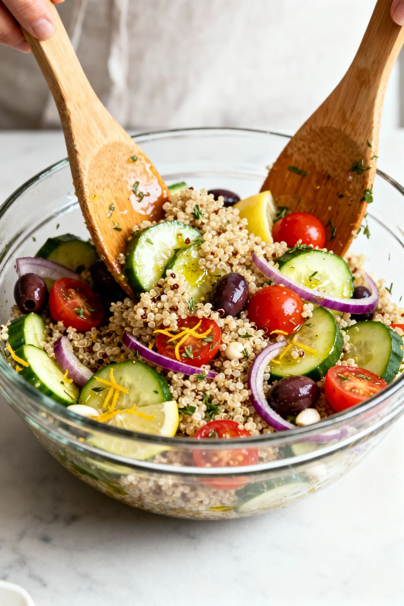 Food photography, Cooking process: quinoa, cucumbers, tomatoes, olives, and mellowed red onion being tossed in a glass b