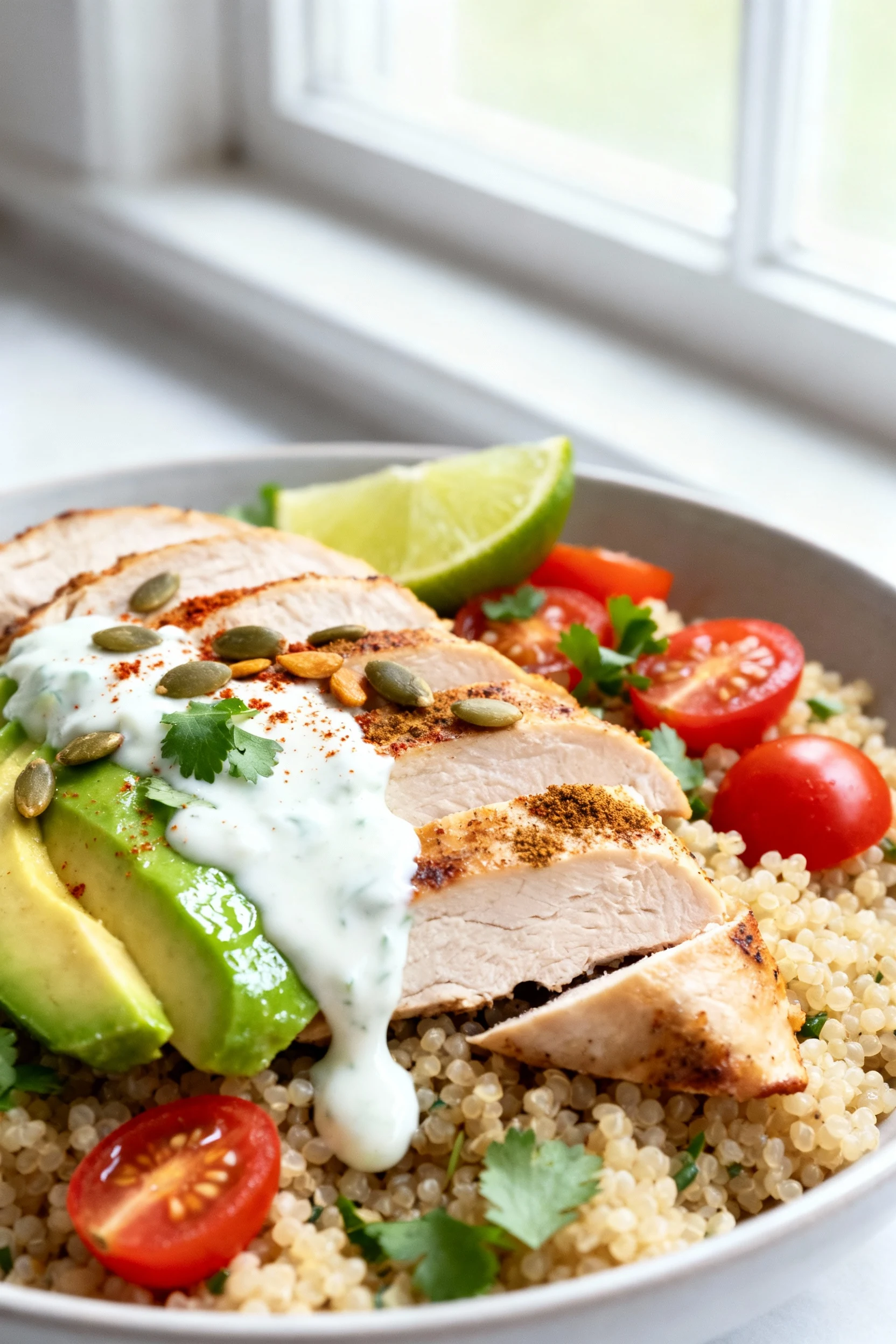 Food photography, Close-up detail of sliced chicken over fluffy quinoa with creamy yogurt–lime drizzle pooling, avocado 