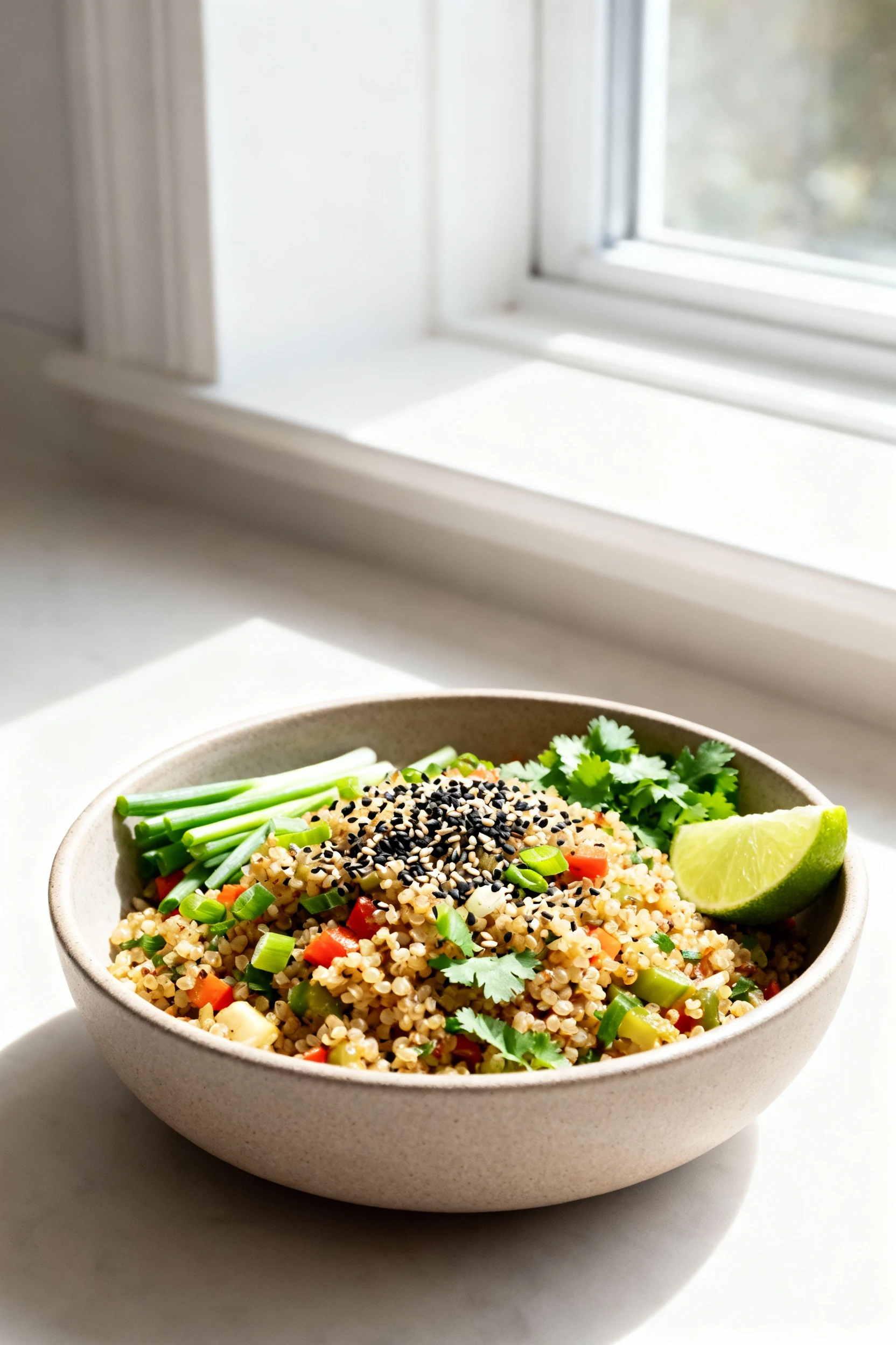 Food photography, 3. Beautifully plated veggie-packed quinoa fried rice in a matte ceramic bowl, finished with black pep