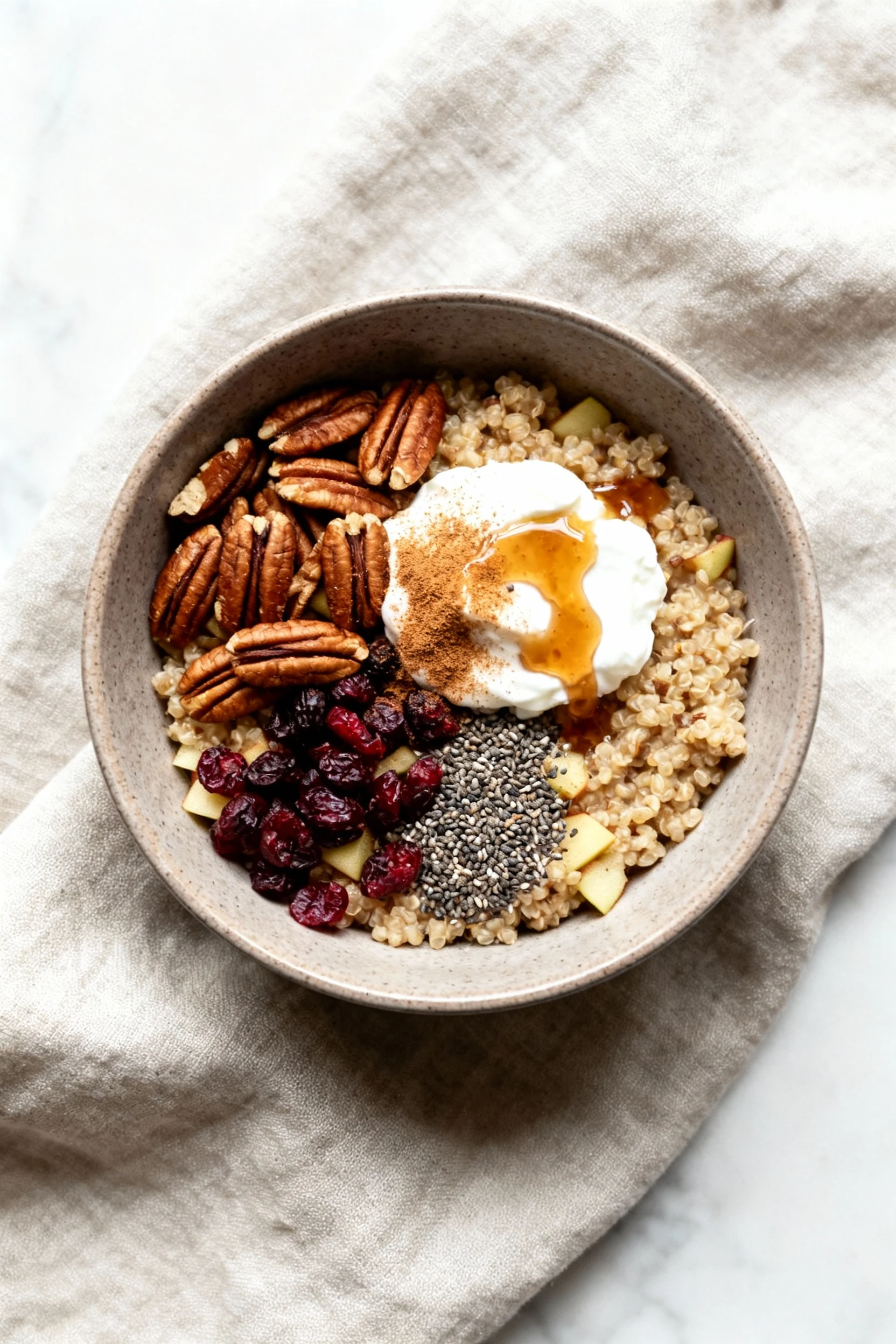Food photography, 3. Overhead shot of Cinnamon Apple Quinoa Breakfast Bowl in a matte ceramic bowl, topped with toasted 
