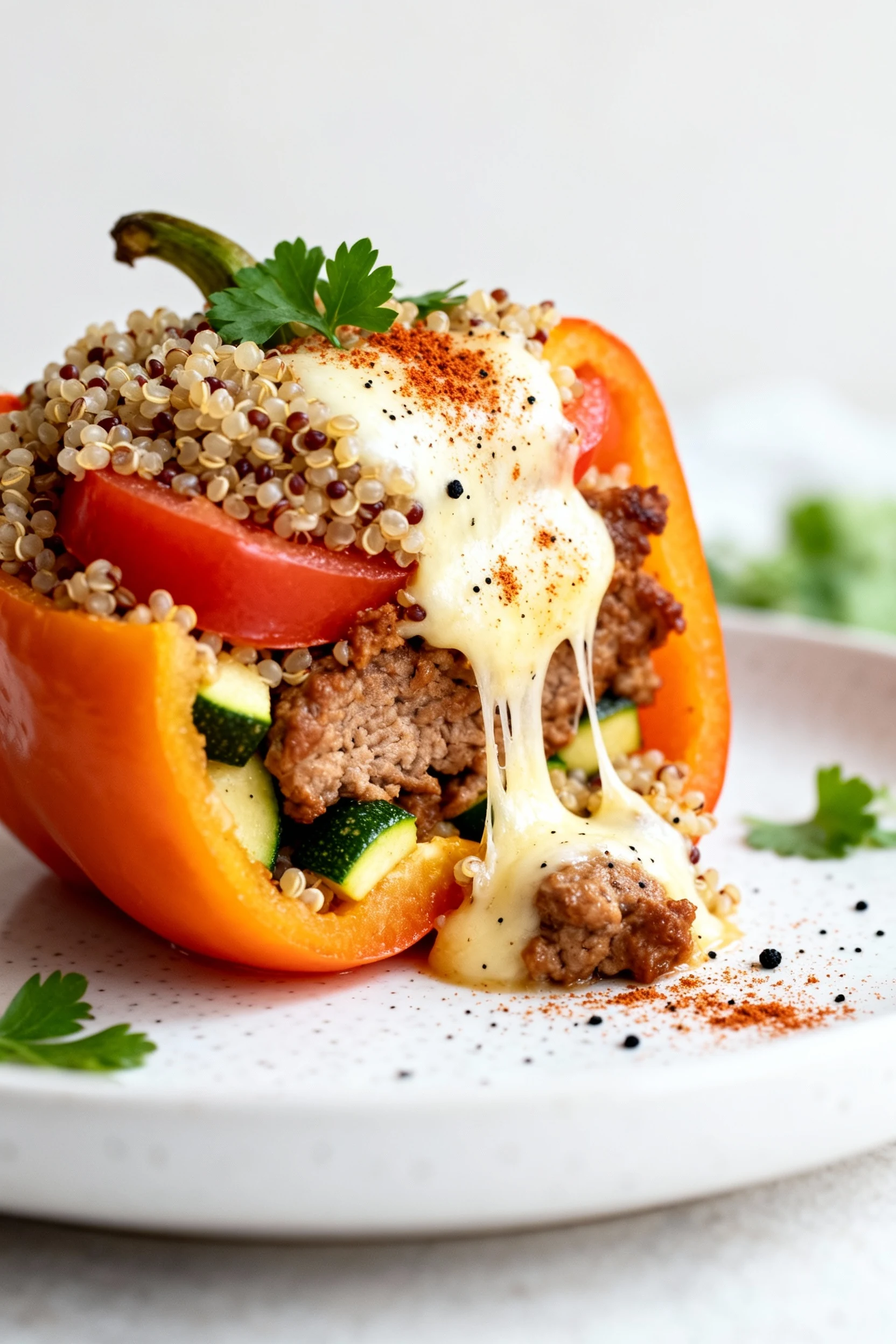 Food photography, Close-up detail: Cross-section of a single stuffed bell pepper on a white ceramic plate showing distin