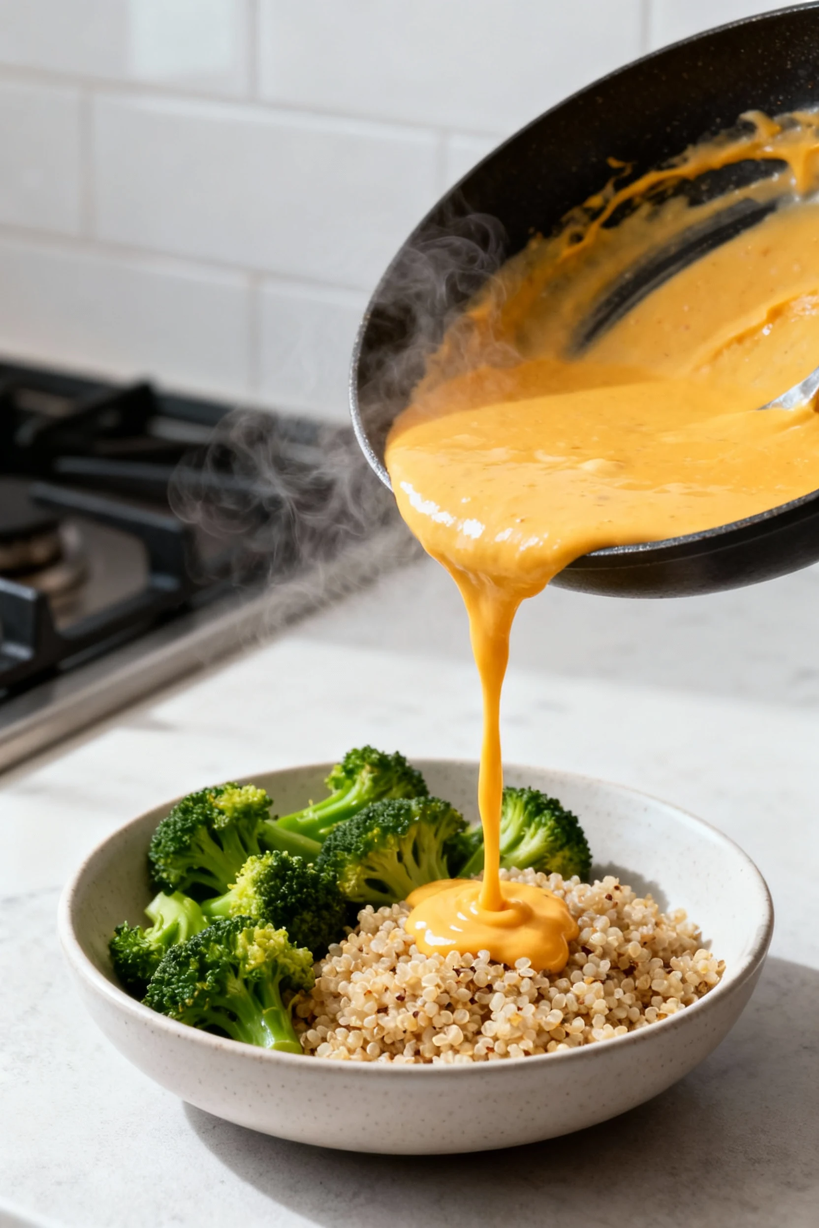 Food photography, Cooking process: silky cheddar and Greek yogurt sauce being poured from a skillet into a bowl of cooke