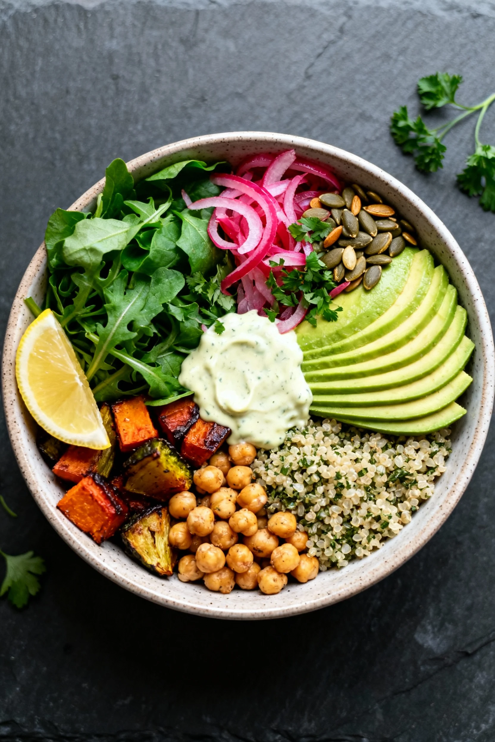 Food photography, 3. Tasty top view: overhead shot of Roasted Veggie Buddha Bowl—greens, garlicky herb quinoa, roasted v