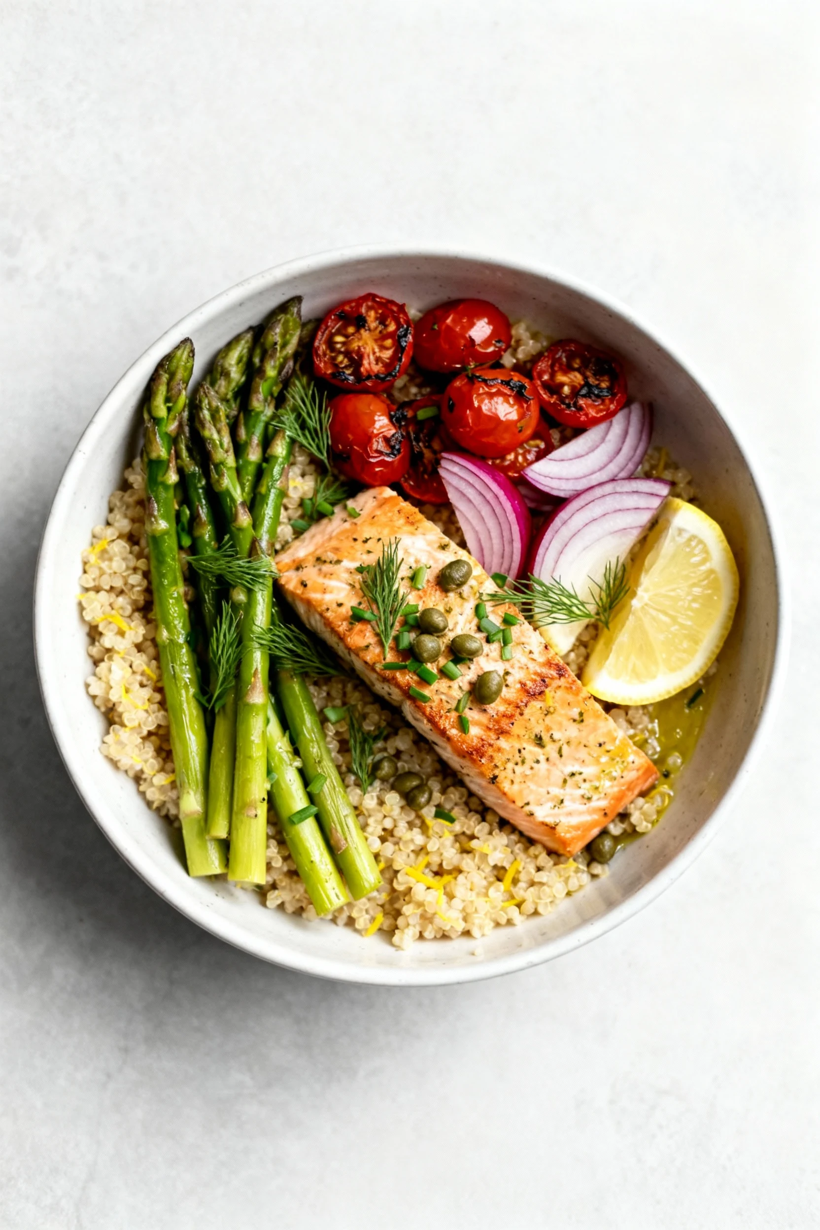 Food photography, Overhead final bowl: fluffy quinoa with olive oil and lemon zest topped with lemon–garlic roasted salm