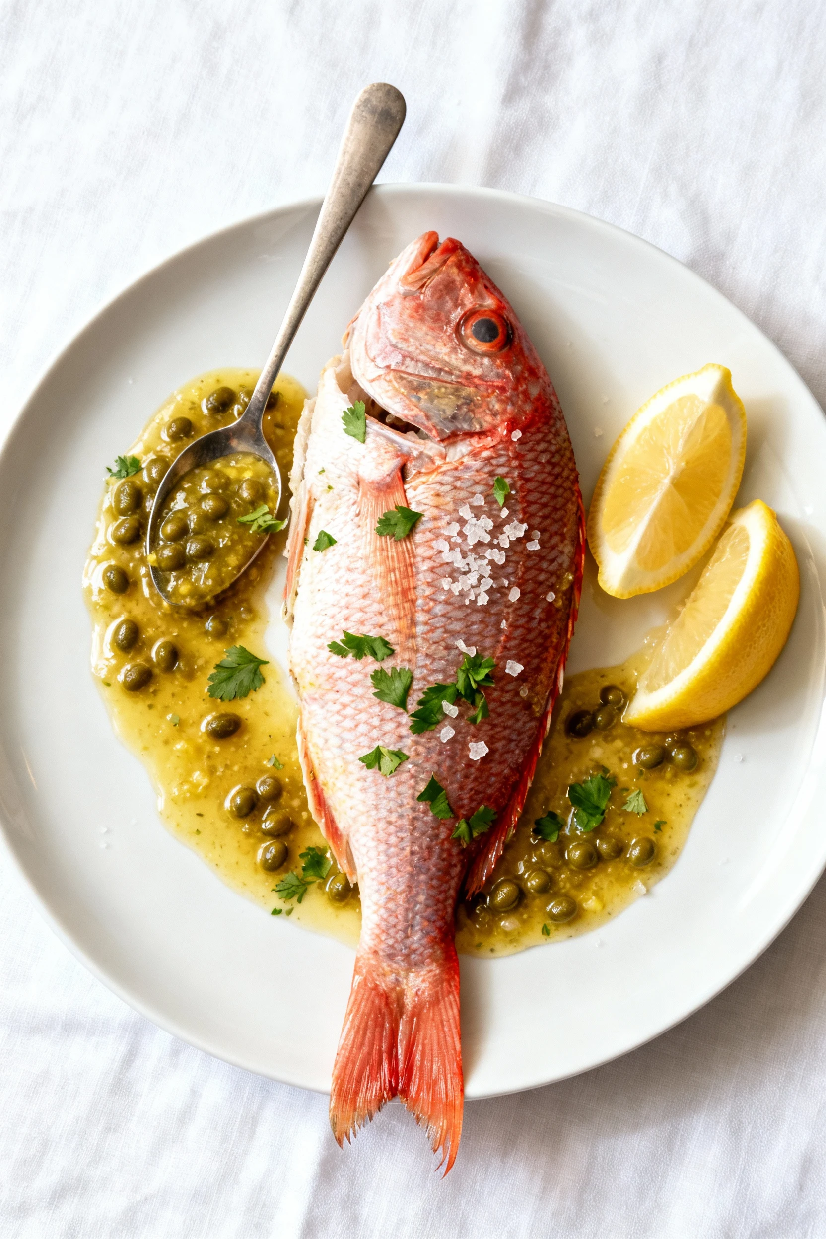 Food photography, Overhead final plate: red snapper skin-side up, glossy lemon–caper butter spooned around (not on) the 