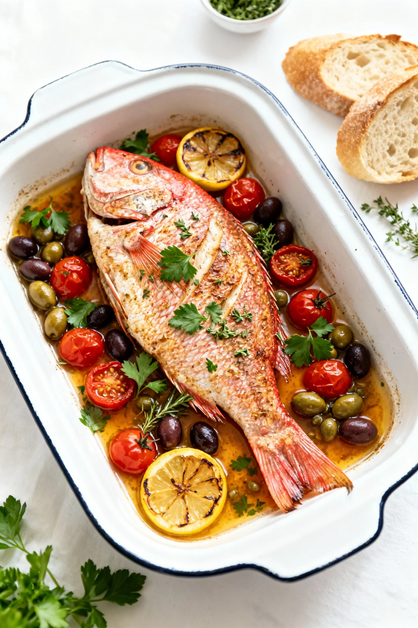 Food photography, Overhead shot of Mediterranean whole roasted red snapper on a white enamel platter, pan juices pooled 