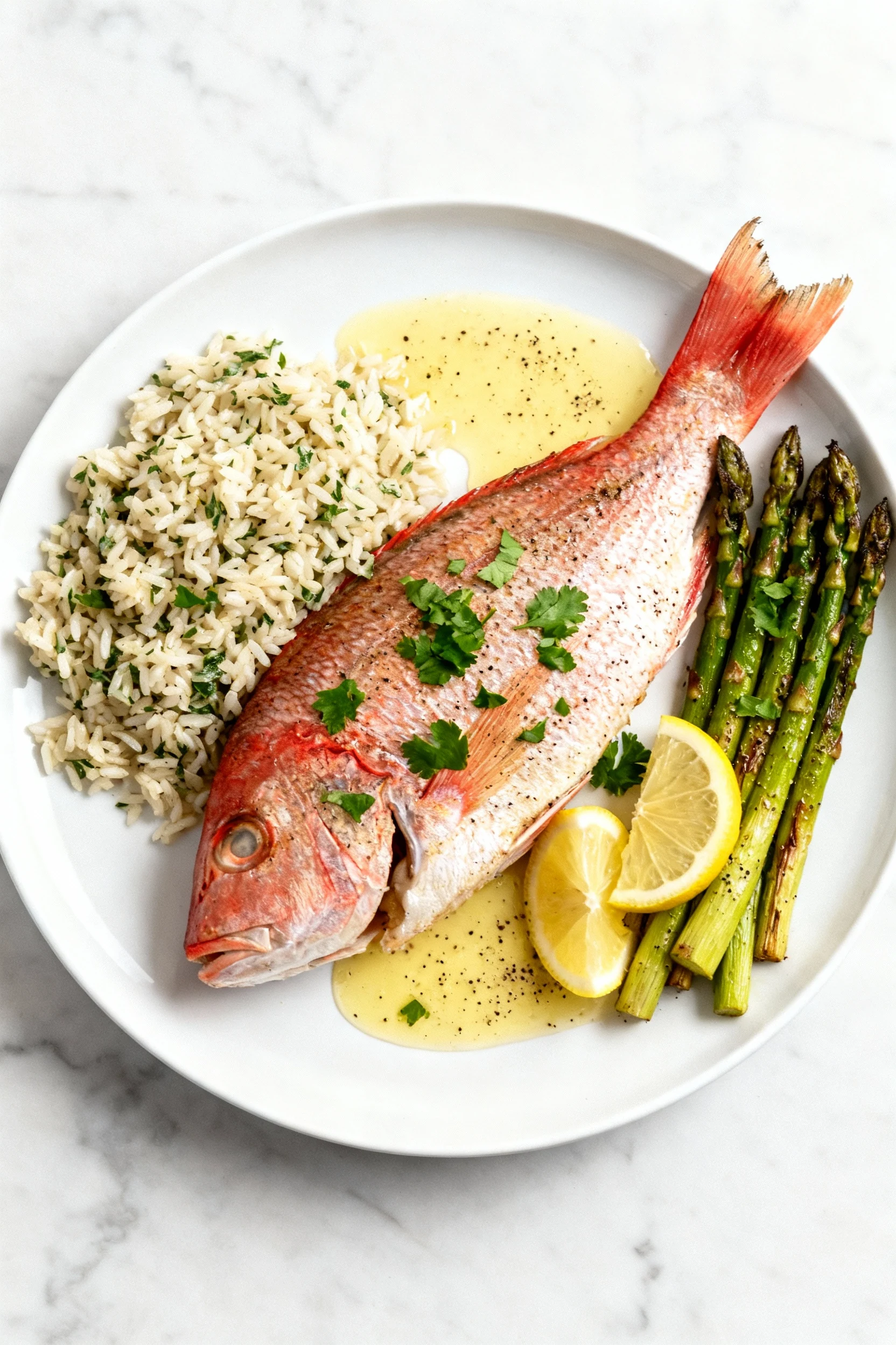 Food photography, Tasty top view: Overhead shot of baked red snapper plated with herbed rice pilaf and roasted asparagus