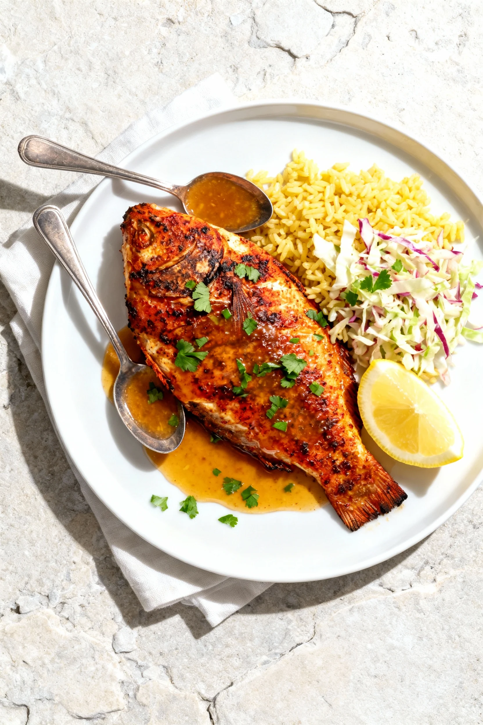 Food photography, Overhead shot of plated Cajun blackened red snapper with pan juices spooned over, lemon wedges and cho