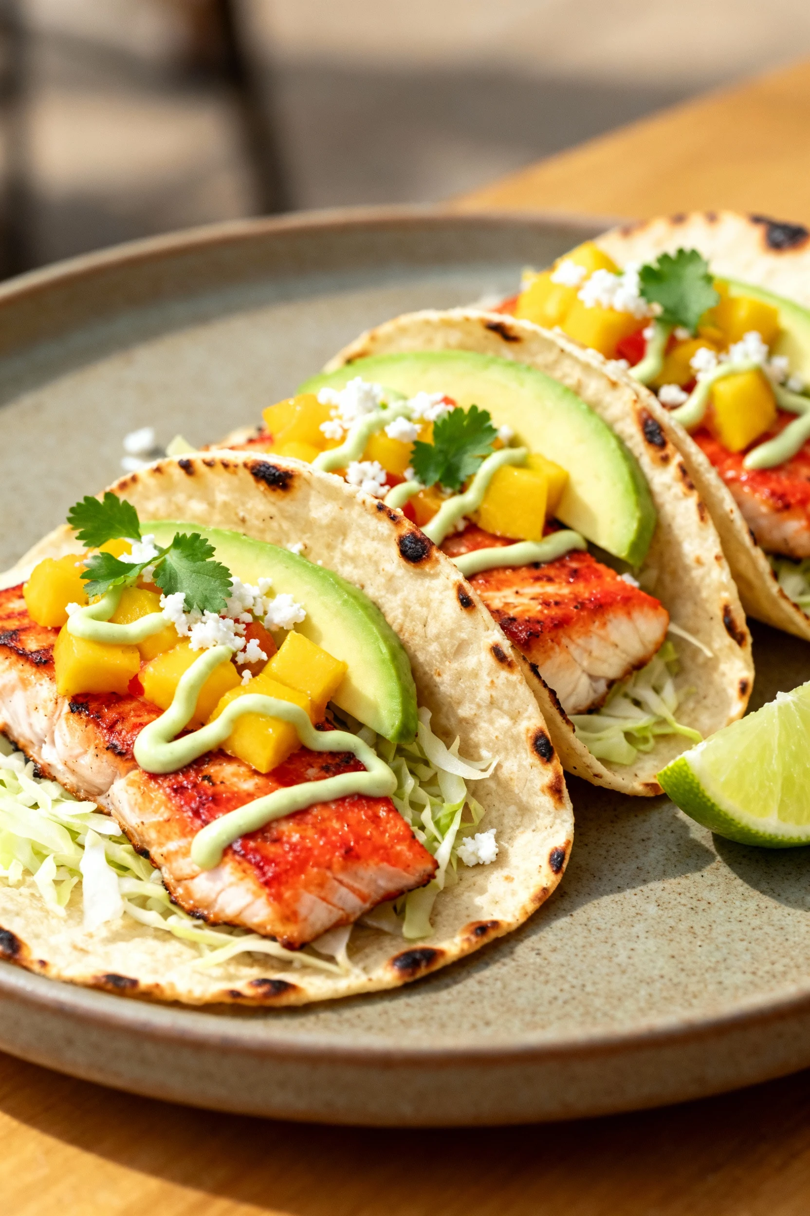 Food photography, Beautifully plated grilled red snapper tacos (three) on a matte ceramic plate: slaw base, big flaky fi