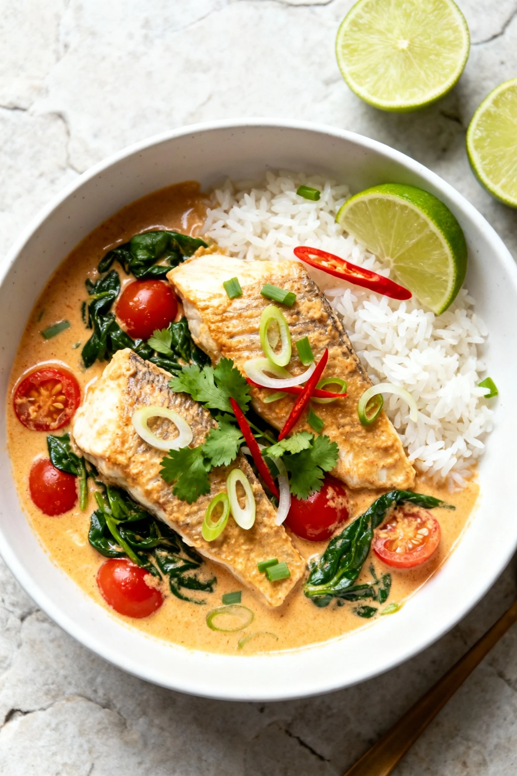 Food photography, Overhead shot of Coconut Lime Red Snapper Curry over jasmine rice: two snapper pieces nestled in cream