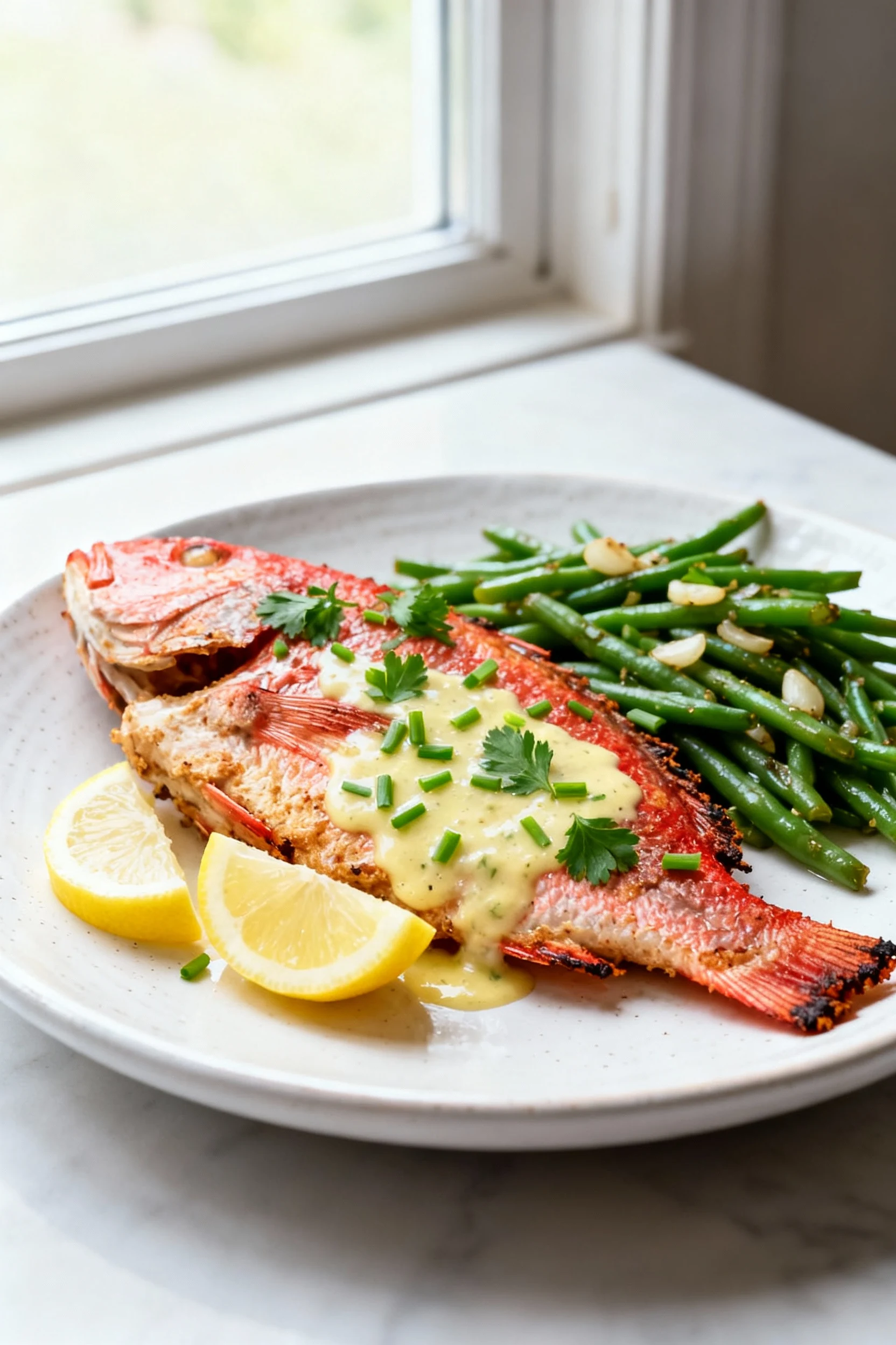 Food photography, Beautifully plated air-fried red snapper with lemon-butter drizzle, chopped chives and parsley, lemon 