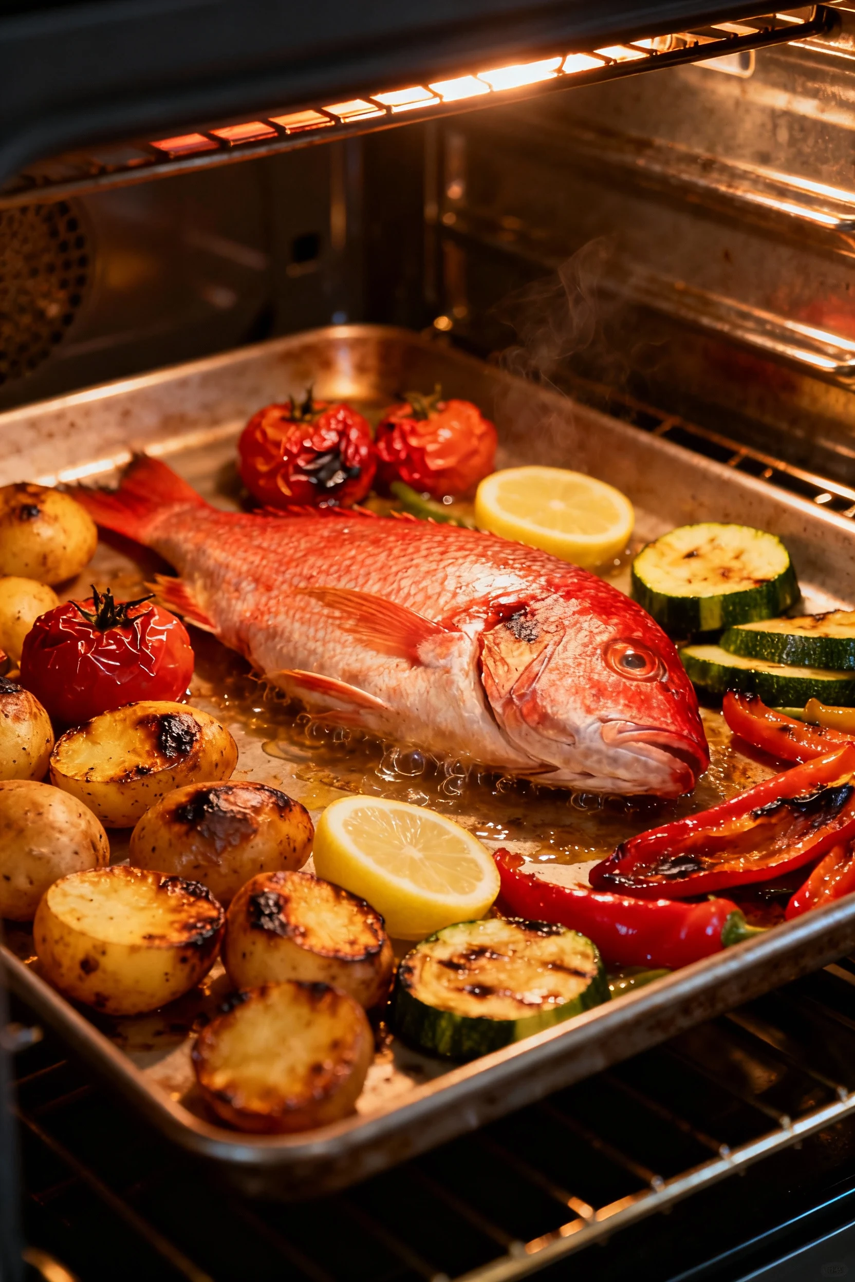 Food photography, Restaurant-style plating at a 45° angle: red snapper over a bed of asparagus with spooned burst tomato