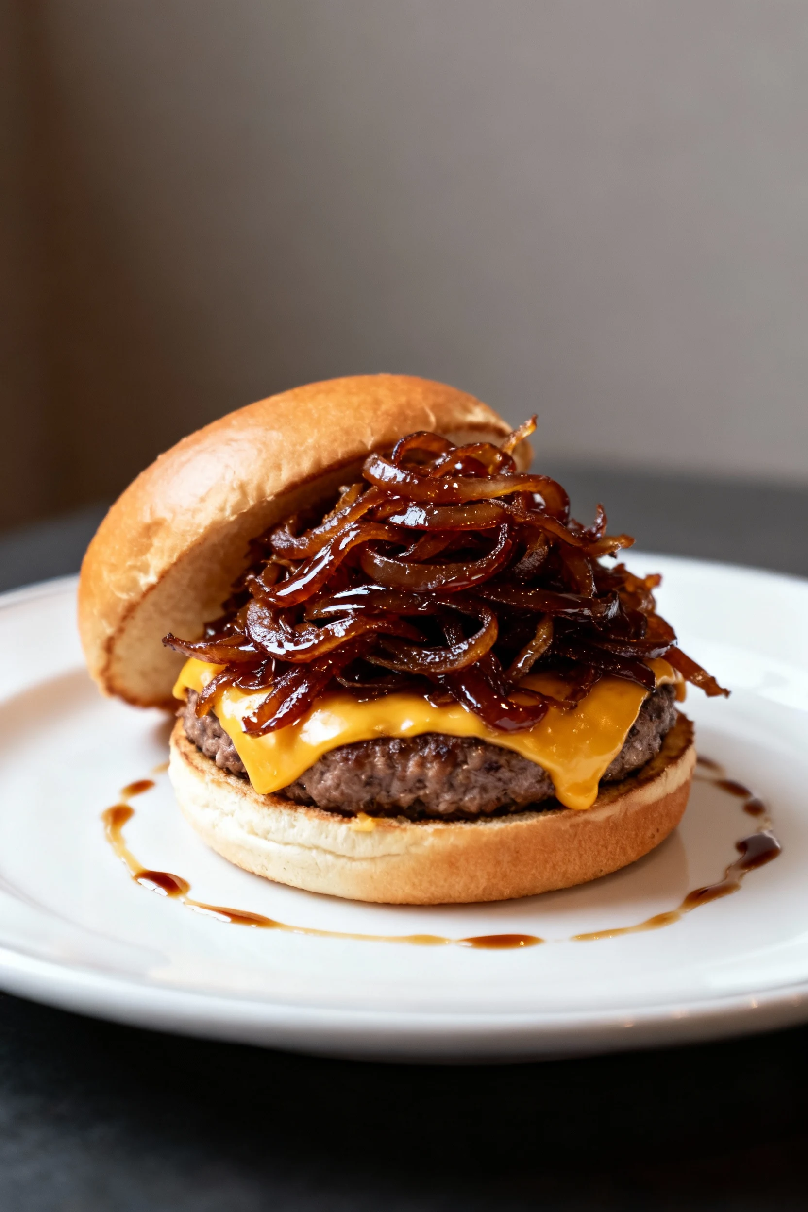 Food photography, Restaurant-quality burger topped with a generous mound of caramelized onions: glossy, sweet mahogany s